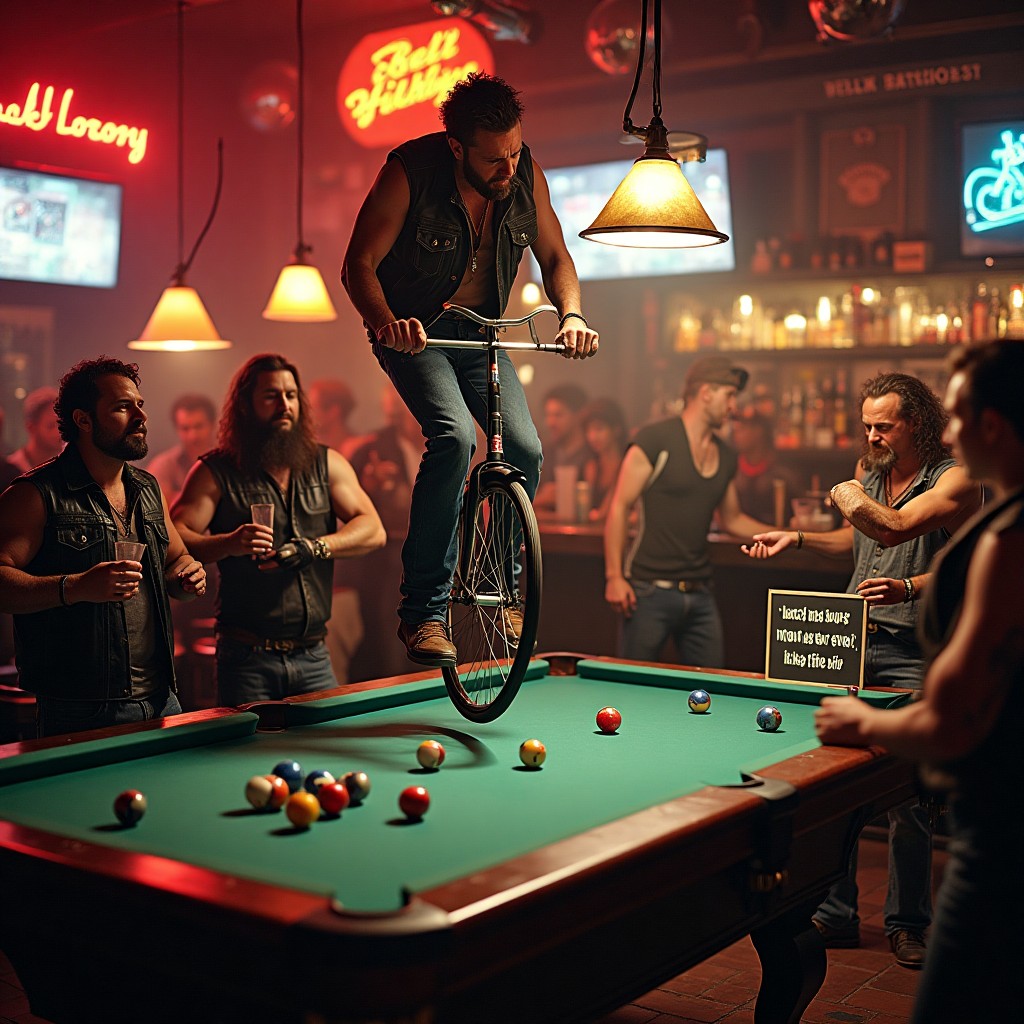 Shooting pool, tending bar, bikers, and Birthday Card
