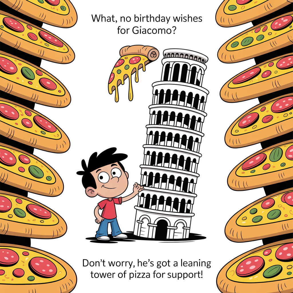 Italian boy, Leaning tower of pizza, and Birthday Card