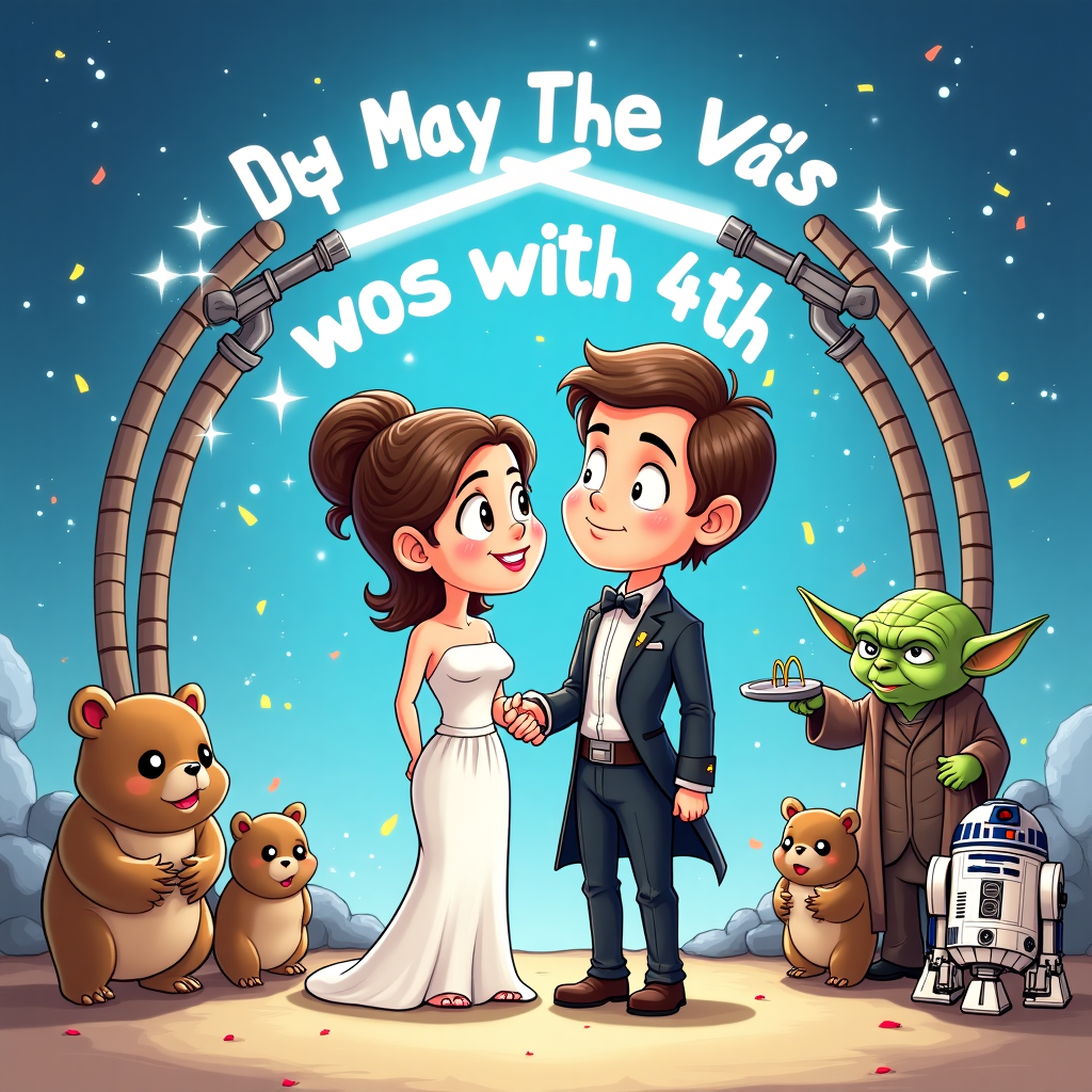 Here’s the detailed image prompt following all your guidelines:

---

At the top of the cartoon image:  
"Ali & Rich — May The Vows Be With You!"

Image description:  
Create a bright, colorful cartoon-style image featuring Ali and Rich as fun Star Wars characters at their wedding. Ali is dressed as Princess Leia with a white flowing dress and iconic hair buns, and Rich is a dashing Han Solo with a tuxedo twist. They’re standing under a sparkling "wedding arch" made out of lightsabers crossed overhead like a portal.

Around them are smiling Star Wars creatures like Ewoks tossing confetti and little R2-D2 buzzing around carrying the wedding rings on a silver tray. Yoda is officiating the wedding with a huge grin, wearing a little bowtie. In the sky behind them, the words "May the 4th" are written out with sparkling stars, giving it a magical galaxy backdrop. The mood should be fun, cheeky, and light-hearted — like the ultimate celebration of love and nerdy awesomeness!

Color palette: bright blues, silvers, soft pastels with vibrant pops for the characters. 

Make sure everything has a playful, slightly exaggerated cartoon feel to keep the humor front and center!

--- 

Would you like a few alternative prompt options too, in case you want to mix it up? 🚀🎨
Generated with these themes: Star Wars may the 4 th.
Made with ❤️ by AI.