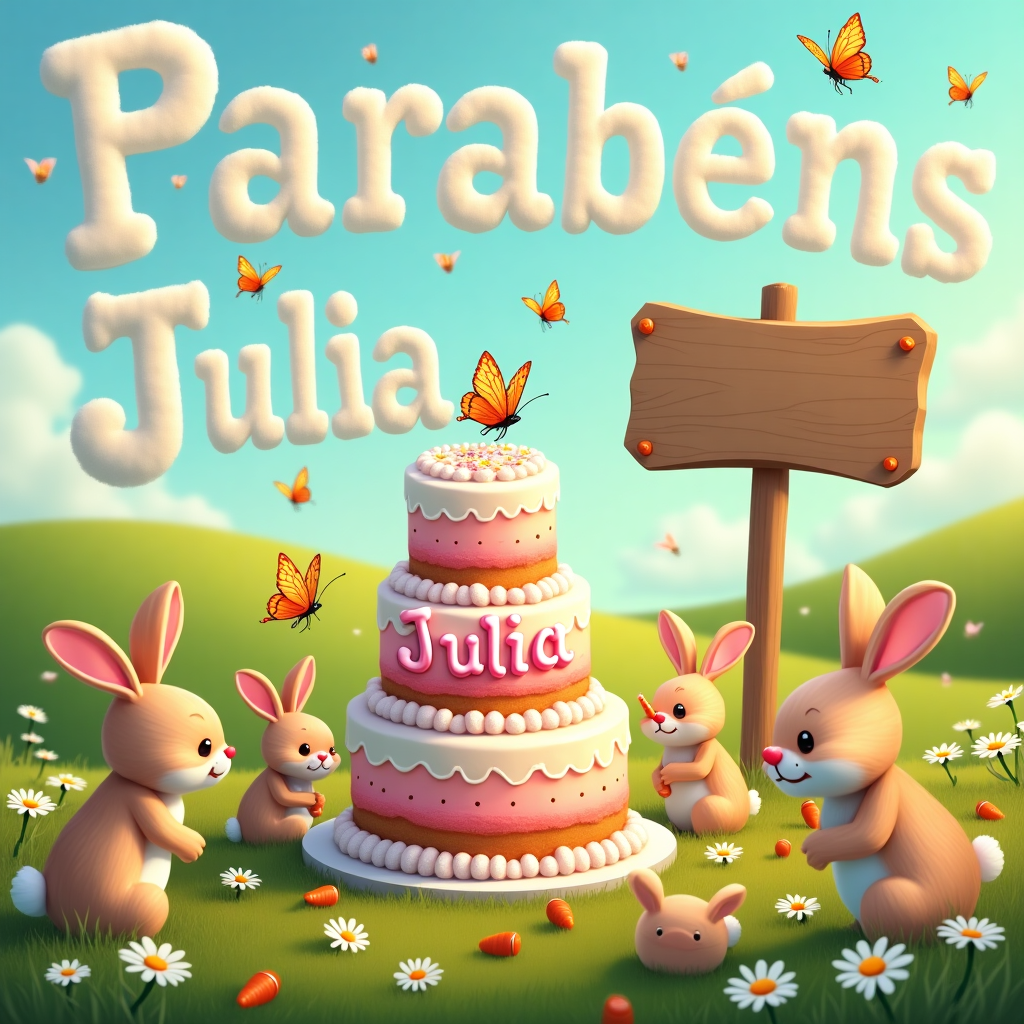 In a whimsical meadow bathed in the golden hues of a late afternoon sun, the scene unfolds with a delightful storybook charm. In the foreground, a group of bouncy, playful bunnies, each with a distinct personality, are gathered around a towering birthday cake. The cake, bedecked with colorful frosting and sprinkles, features the name "Julia" beautifully inscribed in bright pink icing across its top tier. Surrounding the cake are several vibrant butterflies, fluttering about with wings that glisten like stained glass, as they mischievously dart among the bunnies. Each butterfly carries a tiny piece of carrot cake, playfully teasing the bunnies below. One particularly cheeky butterfly even wears a tiny party hat askew on its head.

In the background, a gentle hill rolls away under a sky where fluffy white clouds form the letters of "Parabéns Julia," gracefully curving across the azure expanse. Nestled among the daisies and clover, a large wooden sign stands tall, blank and inviting, ready for a personal message to be penned. This sign is adorned with tiny carved carrots along its edges, lending it a whimsical touch. Among the daisies, a particularly rotund bunny, wearing a pair of oversized glasses that hint at its wisdom, peers at a butterfly perched on its nose, making everyone wonder who's having more fun—the bunnies or the butterflies. The overall composition is a lively tapestry of joyful chaos, with each element harmoniously interwoven, inviting Julia into a world of laughter and celebration.
Generated with these themes: Butterflies, Bunnies, Carrots, Cake, Write "Parabéns Julia", and Place a sign somewhere on the card so I can write a custom message myself. Needs to be big enough..
Made with ❤️ by AI.