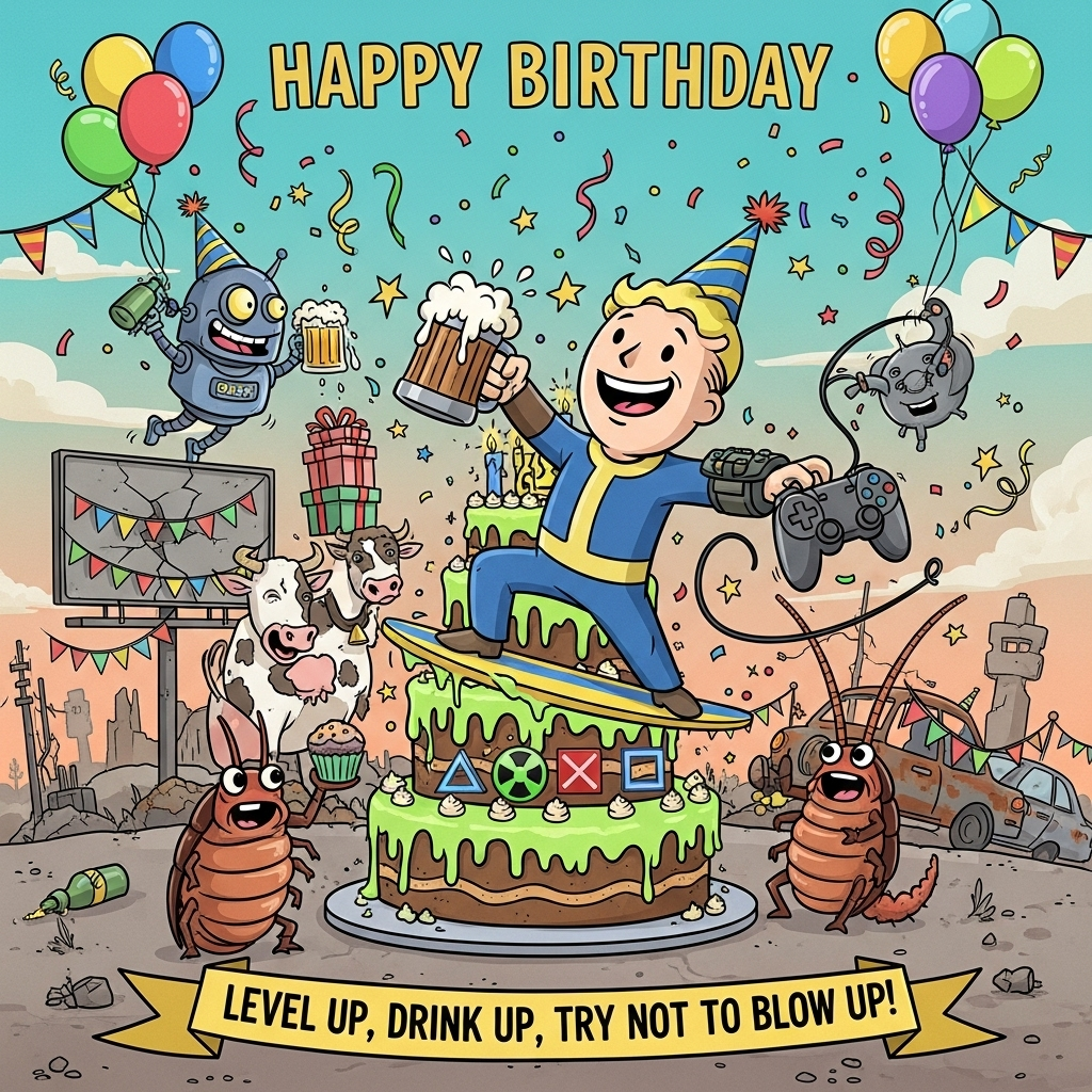 Fallout, Beer, Cake, Playstation, and Birthday Card