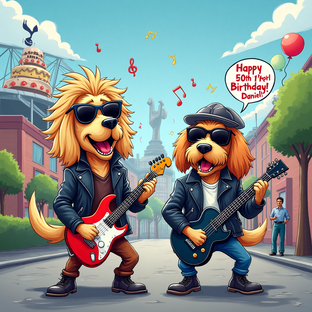 At the top of the Cartoon Style image, write: **Happy 50th Birthday, Daniel!**

---

**Image Description:**

Create a lively and colorful cartoon scene set in a whimsical version of Tottenham. In the foreground, depict two dogs dressed as rock stars, complete with exaggerated hairstyles, sunglasses, and leather jackets, holding electric guitars. The dogs are enthusiastically jamming out to a Status Quo tune, with musical notes playfully bouncing around them.

In the background, include a caricature of Tottenham's iconic landmarks, such as a cartoonish version of Tottenham Hotspur Stadium. Add some humorous touches, like a giant birthday cake on the stadium roof, and a few balloons floating in the sky.

To add a cheeky pun, incorporate a small speech bubble from one of the dogs saying, "Rock 'n' Roll Over the Hill!" 

The entire scene should be vibrant, energetic, and full of birthday cheer, with exaggerated proportions and bright, bold colors typical of cartoon styles.
Generated with these themes: Tottenham, dogs, Status Quo, and .
Made with ❤️ by AI.