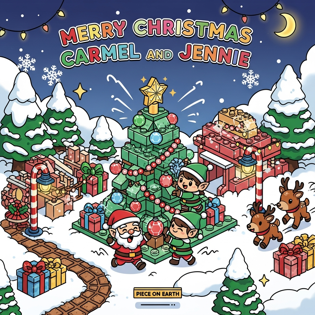 At the top of the Cartoon Style image, Merry Christmas Carmel and Jennie

Cute, playful Cartoon Style scene with thick black outlines, bright saturated colors, and exaggerated, chibi-style proportions: a cozy snowy village built entirely from colorful interlocking toy bricks (no logos). Center stage, a towering brick-built Christmas tree sparkles with glossy gem-like baubles, candy-cane stripes, and a star made of translucent yellow bricks. A jolly, cartoon brick-Santa and two bouncy brick-elves (big heads, tiny bodies, rosy cheeks) strike energetic poses as they “click” the last ornament into place. A brick sleigh and two adorable brick reindeer peek in, prancing with joyful motion squiggles. Snowdrifts and pine trees are brick-stacked, with soft snowfall of oversized, stylized flakes and twinkly sparkles. Candy-cane lamp posts, gift boxes with bowed studs, and a winding path of gingerbread-brown tiles add whimsy. Warm fairy lights glow around the scene with cozy highlights and soft bloom.

Style notes:
- Thick, clean outlines and cel-shaded color blocks; bold reds, greens, icy teals, sunshine yellow, soft pinks; cute mood.
- Slight 3/4 isometric perspective, portrait composition, large image focus; dynamic swooshes and motion lines for energy.
- Gentle vignette; soft rim light from a crescent moon; subtle texture for snow sparkle.

Text styling:
- Render the title “Merry Christmas Carmel and Jennie” in big, playful block letters that look built from colorful toy bricks, with a crisp white outline and gentle glow so it pops against the night sky.
- Add one small, cheeky line at the bottom on a tiny brick-plaque: Piece on Earth!
Generated with these themes: Lego, and .
Made with ❤️ by AI.