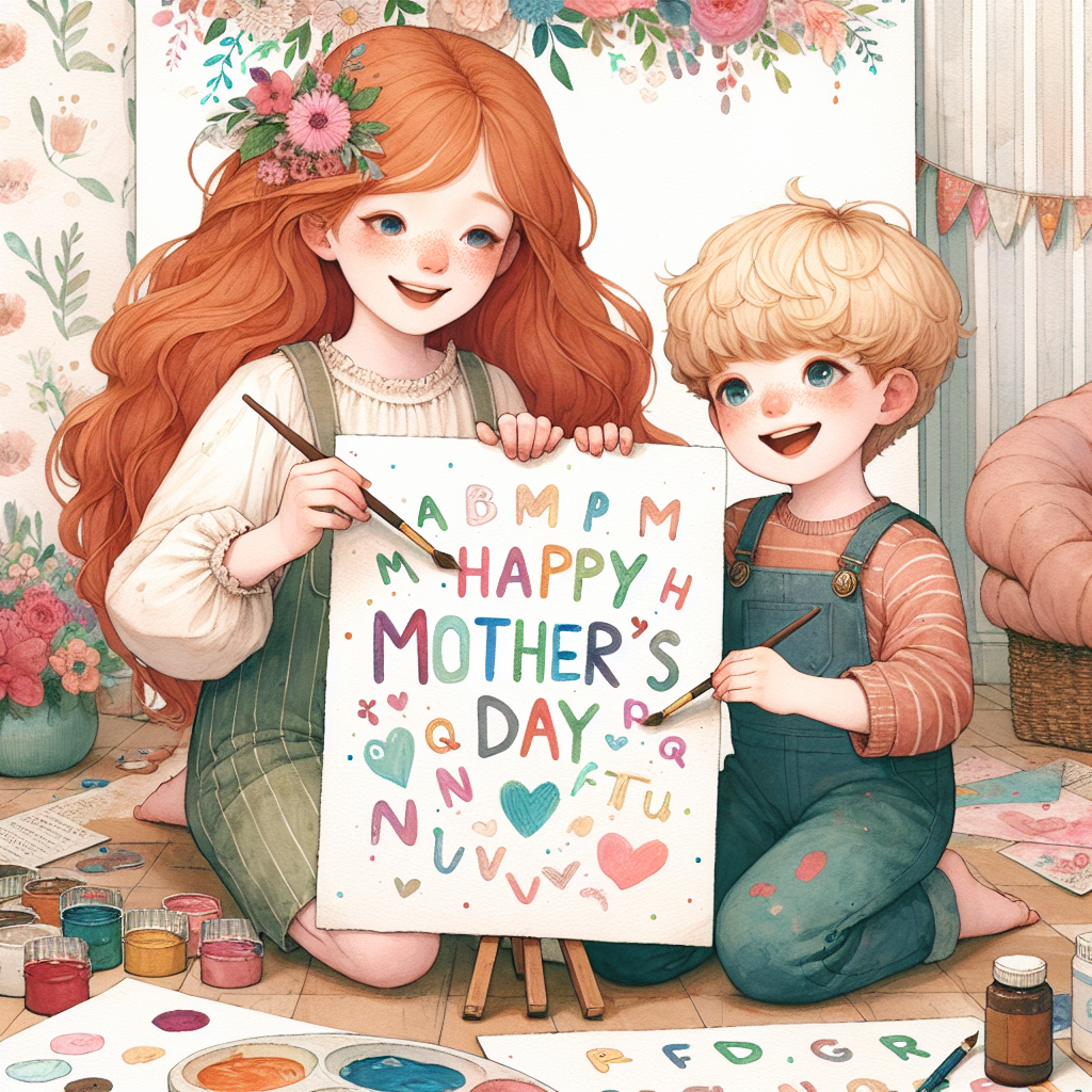 Girl with long red hair, Younger boy with blond bowl cut hair, Painting, and Alphabet letters Mothers-day Card