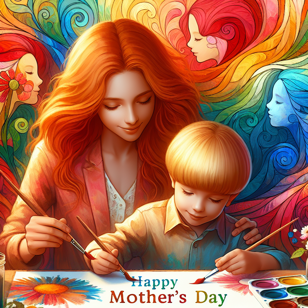 Girl with long red hair, Younger boy with blond bowl cut hair, Painting, and Alphabet letters Mothers-day Card