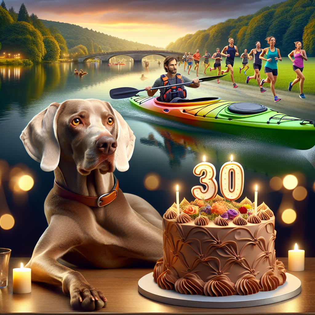 Brown Weimaraner, Kayaking , Running, 30th birthday , and Cake Birthday Card