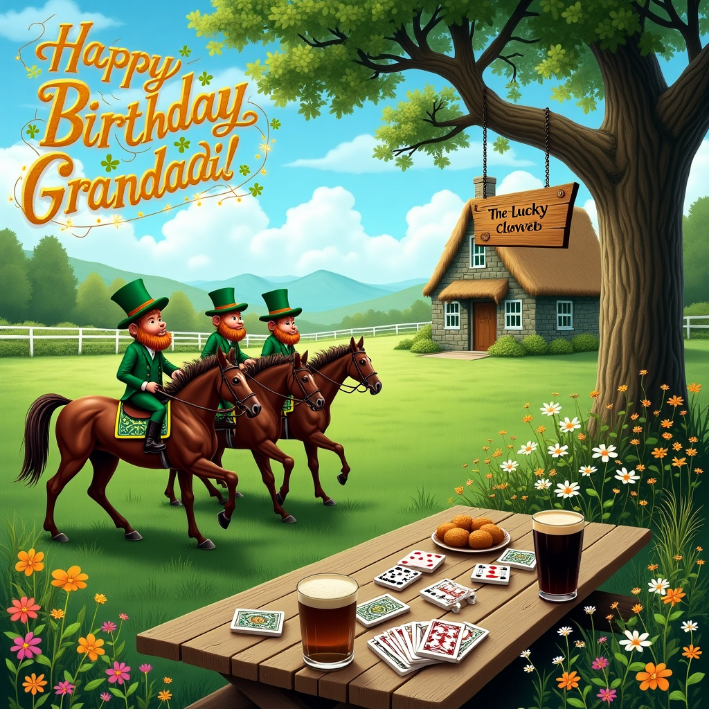 In the heart of an enchanting, lush Irish countryside, an unusual birthday celebration unfolds on the front cover of the greeting card. A vibrant, emerald-green racetrack, shimmering under a clear azure sky, hosts an unexpected spectacle. At the starting line, a group of cheerful leprechauns dressed in traditional racing silks, their hats jauntily perched, are preparing to ride majestic, glossy-coated horses. Each horse has a mane braided with four-leaf clovers, adding a touch of luck to the race. A jubilant 80th birthday banner flutters high above the scene, intricately woven into the clouds, and the letters spell out "Happy Birthday, Grandad!" in bold golden script, shining against the sky. 

In the background, nestled under an ancient oak tree, an Irish pub stands, its thatched roof and stone walls resonating with rustic charm. A wooden sign swinging gently from the pub's entrance reads, "The Lucky Clover," with tiny fairy lights twinkling around it. Beneath the tree, a weathered wooden table is laden with a lively game of dominos in progress, each piece elegantly painted with Celtic designs. A deck of playing cards lies scattered across the table, their faces depicting scenes of past horse races and victories. A pint of frothy Guinness sits beside them, its creamy head balancing perfectly on the glass. All around, vivid wildflowers bloom, infusing the air with a sweet fragrance, while a gentle breeze rustles through the grass, carrying laughter and the spirit of the gathering.
Generated with these themes:  horse racing, 80th Birthday, irish, pub, dominos, cards.
Made with ❤️ by AI.