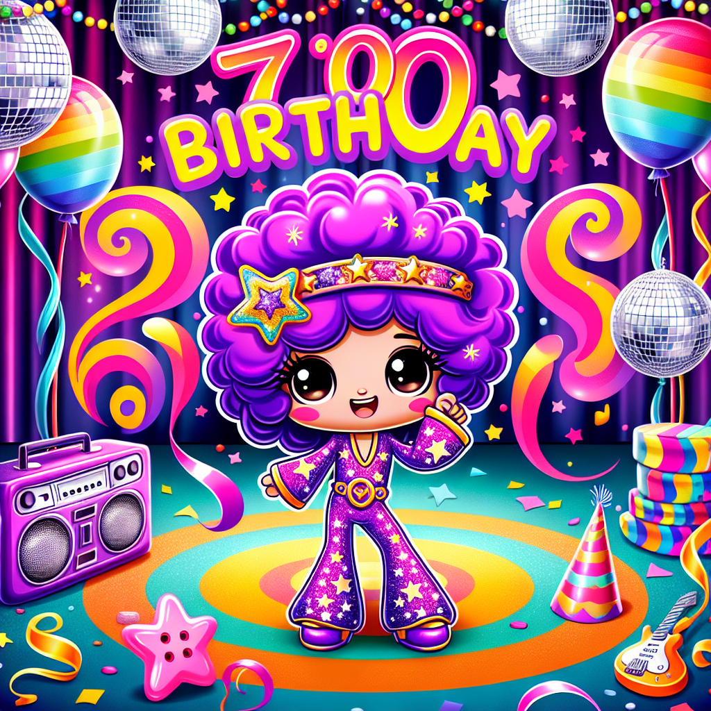 A vibrant, cute cartoon birthday scene set in a 1970s style groovy room filled with glittering disco balls and colorful streamers. In the center, a generic cartoon character with defining features such as iconic bright purple hair and a flamboyant, star-themed costume, reminiscent of the glam rock era, takes the stage. Surrounding this character are psychedelic swirls and musical notes, with the number '70' boldly displayed in a retro font against a backdrop of balloons and confetti.
Generated with these themes: 70, 1970s, David Bowie, and Purple hair.
Made with ❤️ by AI.