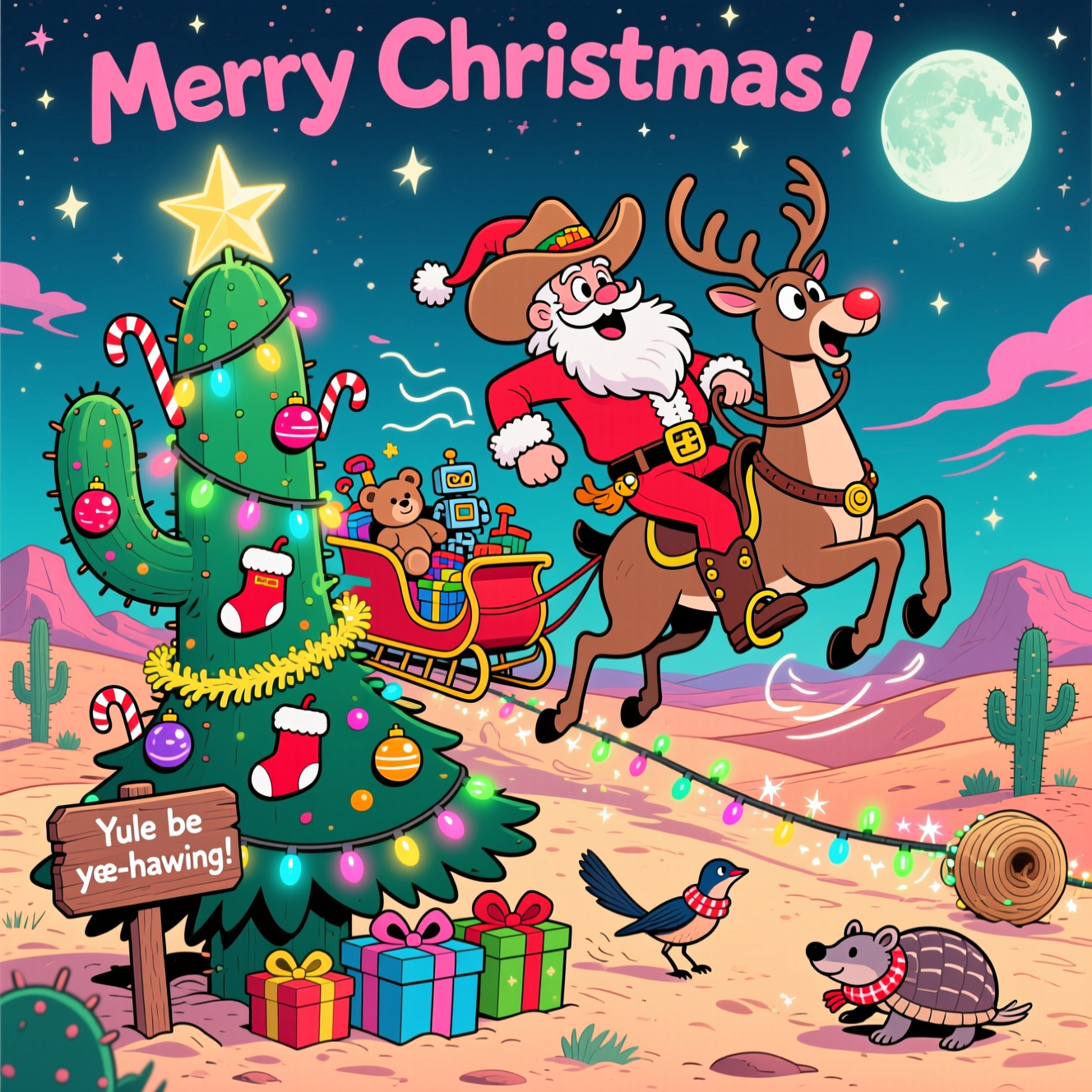 At the top of the Cartoon Style image, Merry christmas 

Playful cartoon style with exaggerated proportions, thick black outlines, and bright saturated colors. Moonlit Southwestern desert scene with rolling sand dunes and cacti. In the foreground, a giant saguaro cactus decorated like a Christmas tree: glowing multicolored string lights, shiny baubles, tinsel garlands, candy canes, tiny stockings, and a big sheriff-star topper beaming. Cowboy Santa, wearing a huge fluffy-trim cowboy hat, red duster, chaps, belt buckle, and jingling spurs, hilariously rides a wide-eyed Rudolph like a bucking bronco across the starry sky—Rudolph’s nose blazing bright, legs splayed in a dynamic, energetic pose with swooshy motion lines. Trailing behind them is a classic red sleigh overflowing with toys (teddy bear, robot, toy train, wrapped gifts), bouncing comically on a sparkling lasso-tethered trail of stardust. Funny desert holiday touches: a tumbleweed wrapped in fairy lights rolling past, a roadrunner in a tiny scarf, and an armadillo peeking from a gift box near the cactus. Saturated teal night sky, pink and lime glows, glossy highlights, bold cel shading, and full-bleed composition.

Add one small extra line of text on a wooden sign stuck in the sand near the cactus: “Yule be yee-hawing!”
Generated with these themes: Cactus that is decorated like a Christmas tree, Christmas themed in the dessert  ,  Cowboy Santa riding Rudolph, A sleigh with toys, and .
Made with ❤️ by AI.