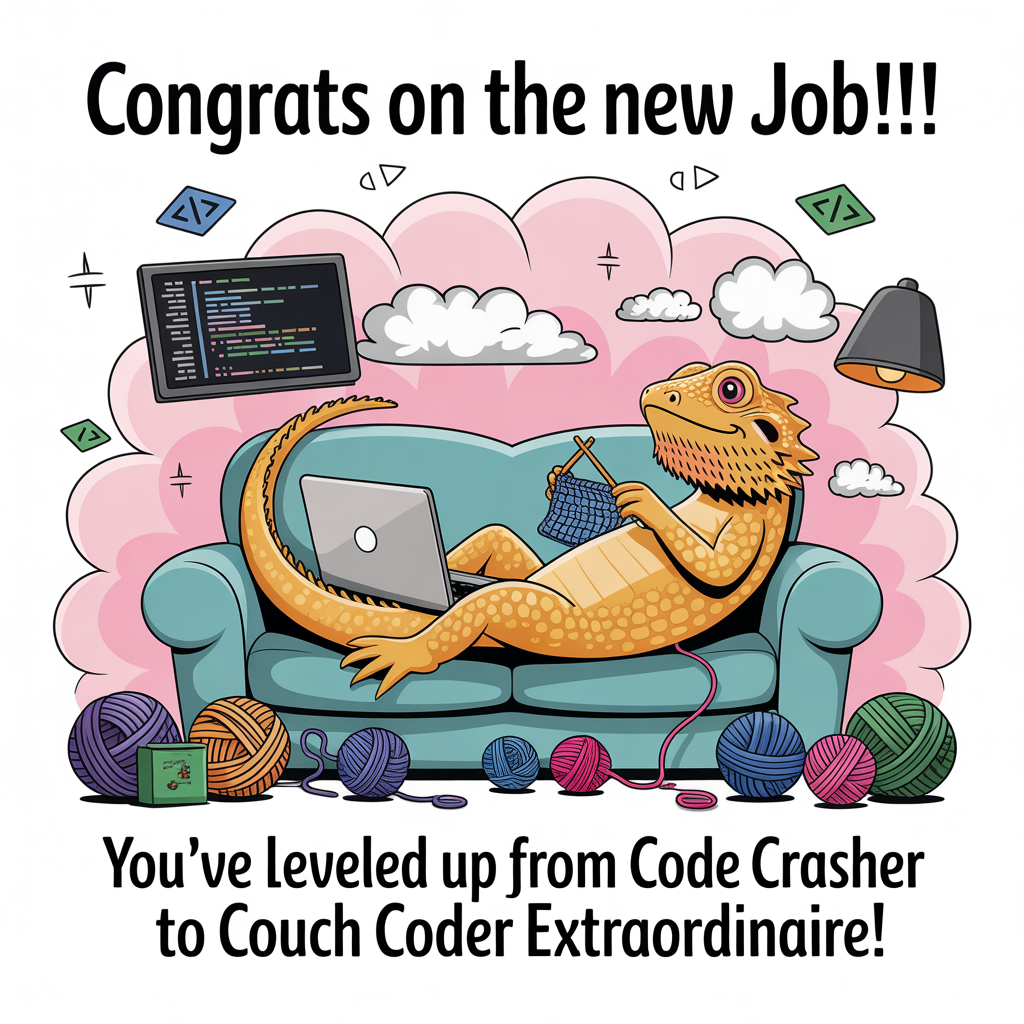 At the top of the image, "CONGRATS ON THE NEW JOB!!!"

At the bottom of the image, "You've Leveled Up from Code Crasher to Couch Coder Extraordinaire!"

- In the center of the image, create a whimsical cartoon scene featuring a bearded dragon lounging on a sofa, surrounded by puffy clouds. The dragon is tapping away on a laptop with one claw, while its tail skillfully works on a crochet project. The room is filled with a playful mix of coding elements and colorful yarn, adding to the hilarity of the multitasking reptile.
Generated with these themes: Bearded dragon, coding, sofa, laptop, clouds, crochet, and .
Made with ❤️ by AI.