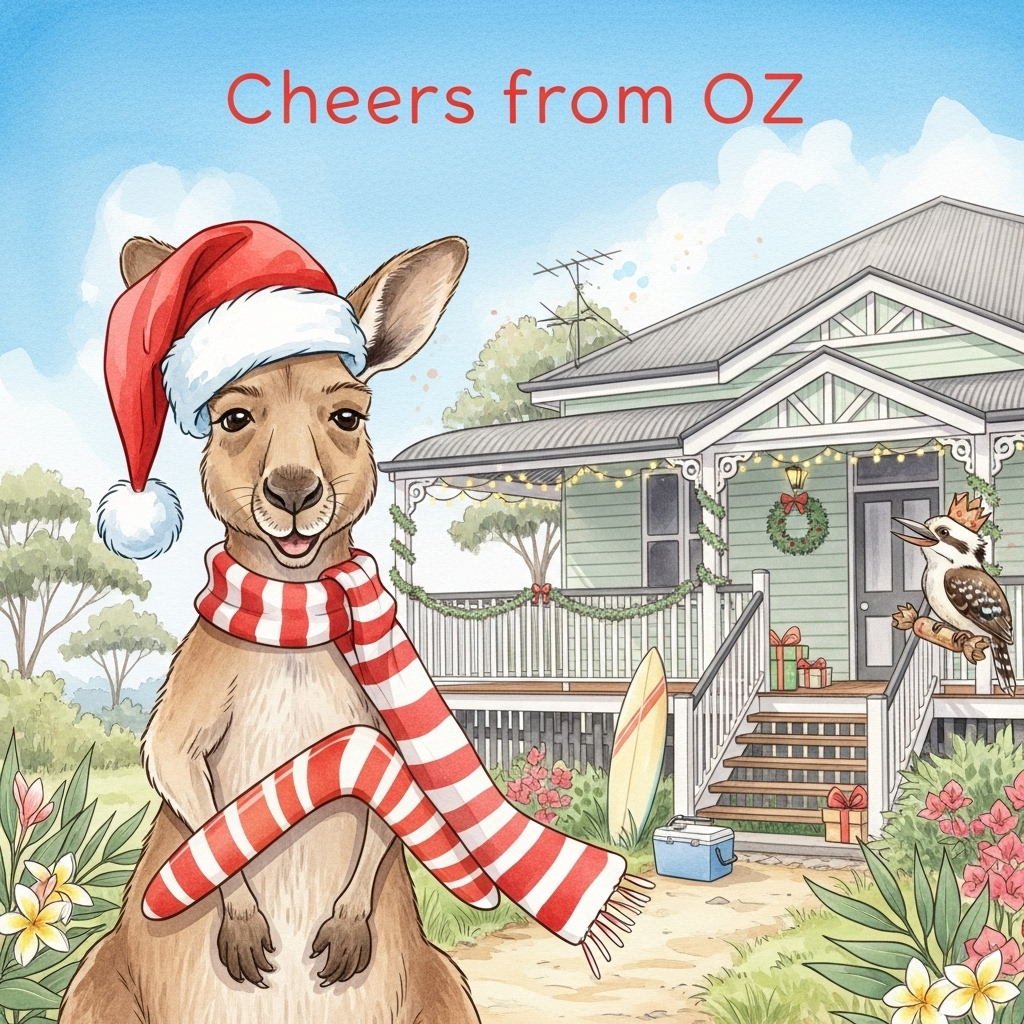 Queenslander house and a kangaroo in foreground with a scarf and Santa hat, and Christmas Card