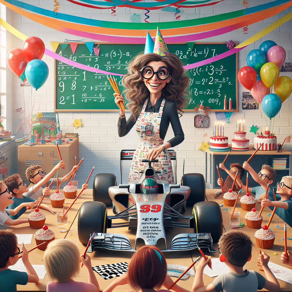 White female teacher, Brown hair, Formula 1, Classroom, Children, and Cherries Birthday Card