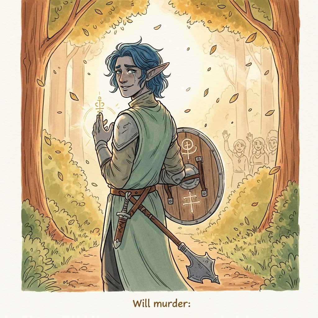 At the bottom of the Illustration Style image, Will murder

A hand-drawn, sincere farewell illustration of a male elf cleric with blue hair and ash-grey skin, standing at the edge of a sunlit forest path at golden hour. He turns back in three-quarter view with a warm, bittersweet smile, one hand over his heart in blessing while the other steadies a round shield engraved with a gentle healing sigil; a simple mace hangs at his belt with the head resting downward, non-threatening. Fine linework and textured brush strokes with watercolor/gouache washes on subtly textured paper; balanced composition placing the elf slightly left of center with a softly blurred background where distant companions wave goodbye. Sunbeams filtering through leaves, drifting petals and dust motes, and a faint aura around his holy symbol create a tender, hopeful mood. Warm, expressive color palette of honey golds, ambers, muted sage, and soft teal-blues that echo his hair. Image-first layout with understated, hand-lettered caption at the lower margin in warm off-white ink so the artwork remains the focus.
Generated with these themes: Male Elf with blue hair and grey skin, Shield and mace, Cleric, and .
Made with ❤️ by AI.