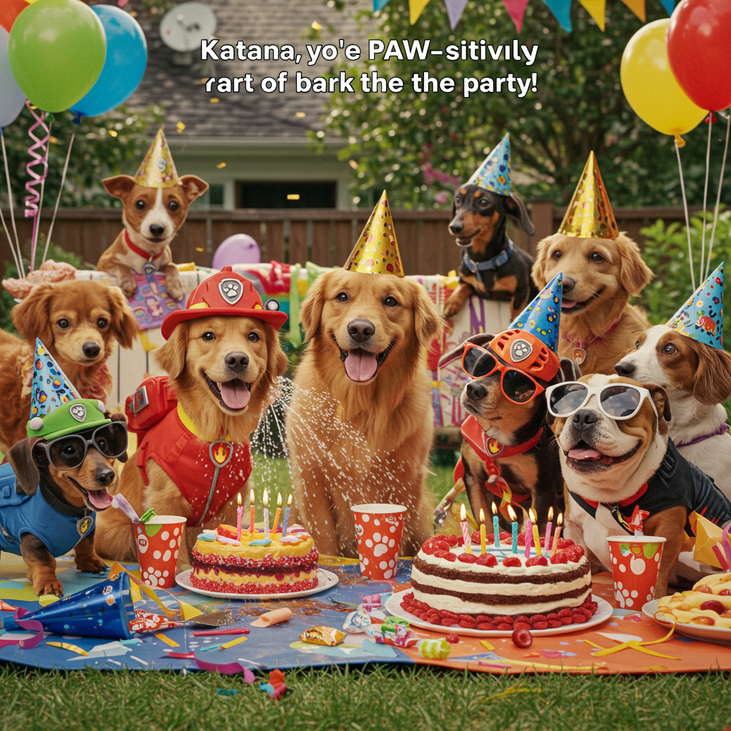 At the top of the realistic photograph image: “Katanna, you’re PAW-sitively the bark of the party!”
Realistic photograph image prompt:
A hilariously realistic scene of dogs dressed up as the Paw Patrol team throwing a surprise birthday party. The party is set in a suburban backyard with balloons, cake, and party hats scattered around. One Golden Retriever in a firefighter costume accidentally sets off a sprinkler while trying to “put out birthday candles,” soaking a nearby bulldog wearing sunglasses and a police hat. A cake with the words "Stay PAW-some, Katanna!" sits on a table slightly knocked over, and in the background, a dachshund is tangled in streamers while another pup howls along to a party horn. Everything is mid-action, caught with perfect comedic timing, as if snapped in the middle of absolute, tail-wagging birthday chaos.
Generated with these themes: paw patrol.
Made with ❤️ by AI.