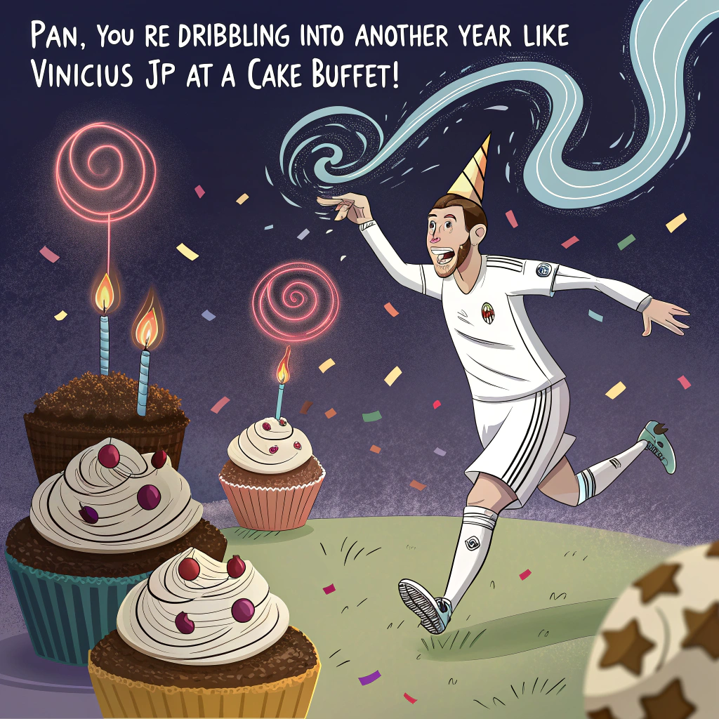 At the top of the image, "Pan, you’re dribbling into another year like Vinícius Jr at a cake buffet!"

– Create an abstract, humorous scene using expressive, exaggerated shapes and brushstrokes: swirling birthday candles twist like football stadium spotlights, cupcakes morph into footballs mid-air, and confetti mimics the motion of a high-stakes penalty shootout. In the center, feature a surreal interpretation of a Real Madrid kit-wearing goat balancing a birthday cake on its head, winking knowingly. Incorporate the Real Madrid color palette (white, gold, and deep blue) with unexpected bursts of rainbow party hues for that wild birthday energy.
Generated with these themes: Real Madrid, and Birthday.
Made with ❤️ by AI.