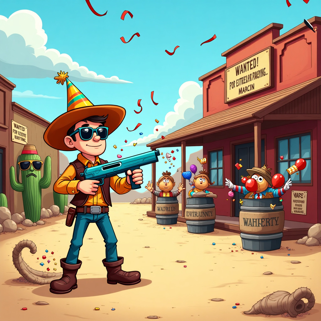 At the top of the illustration image: "Lock 'n Load, Marcin—It’s Your Birthday Shoot-Out!"

**Image Prompt:**  
A cartoon-style saloon standoff scene, set in the Wild West. Marcin, as a cheeky cowboy wearing a birthday hat and sunglasses, stands in a dusty street, holding two comically oversized water guns dripping confetti. Instead of bullets, he’s blasting party streamers, balloons, and cupcakes at a group of surprised outlaws ducking behind barrels marked “Presents” and “Cake.” A tumbleweed made of curled gift ribbons rolls by in the foreground. Cactus in the background wears a sheriff badge and sunglasses. A “Wanted” poster on a nearby building wall reads: “Wanted for Extreme Partying: Marcin.” The whole scene is bathed in bright, festive colors with a clear blue sky above.
Generated with these themes: Guns.
Made with ❤️ by AI.