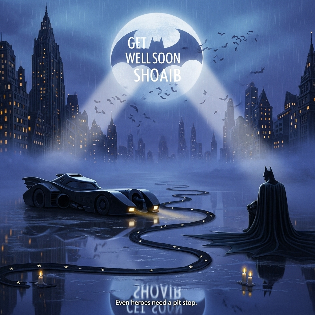 At the top of the Surreal Style image, Get Well Soon Shoaib

A Dali-inspired, dreamlike Gotham at blue hour: gothic skyscrapers softly bending and melting into a mirror-still river; gentle rain like silver threads; ethereal moonlight and a diffused Bat-Signal painting the fog. Foreground: the Batmobile at rest on a quiet, shallowly flooded street, its reflection stretching into crescent-moon wheels that melt into the water; headlamps dim like candles. Nearby, Batman’s iconic silhouette sits calmly beside the car, cape draped and flowing into a starry ribbon that becomes the river itself—stillness, care, and recovery over action. Subtle bat-shaped clouds drift above; warm window lights glow in the distant skyline.

Typography and placement:
- Top text “Get Well Soon Shoaib” formed by the Bat-Signal’s beam across the mist, soft moonlit white with a faint golden edge, elegant and understated.
- Add a small caption at the bottom, gentle serif in pale gold: “Even heroes need a pit stop.”

Mood and palette: sincere, hopeful, and hushed; deep indigo, charcoal, lavender haze, silver rain, and hints of warm amber. Soft volumetric light, delicate vignette, painterly texture, fine grain, high detail.
Generated with these themes: Batman , Batmobile, Get well soon, Gotham, and .
Made with ❤️ by AI.