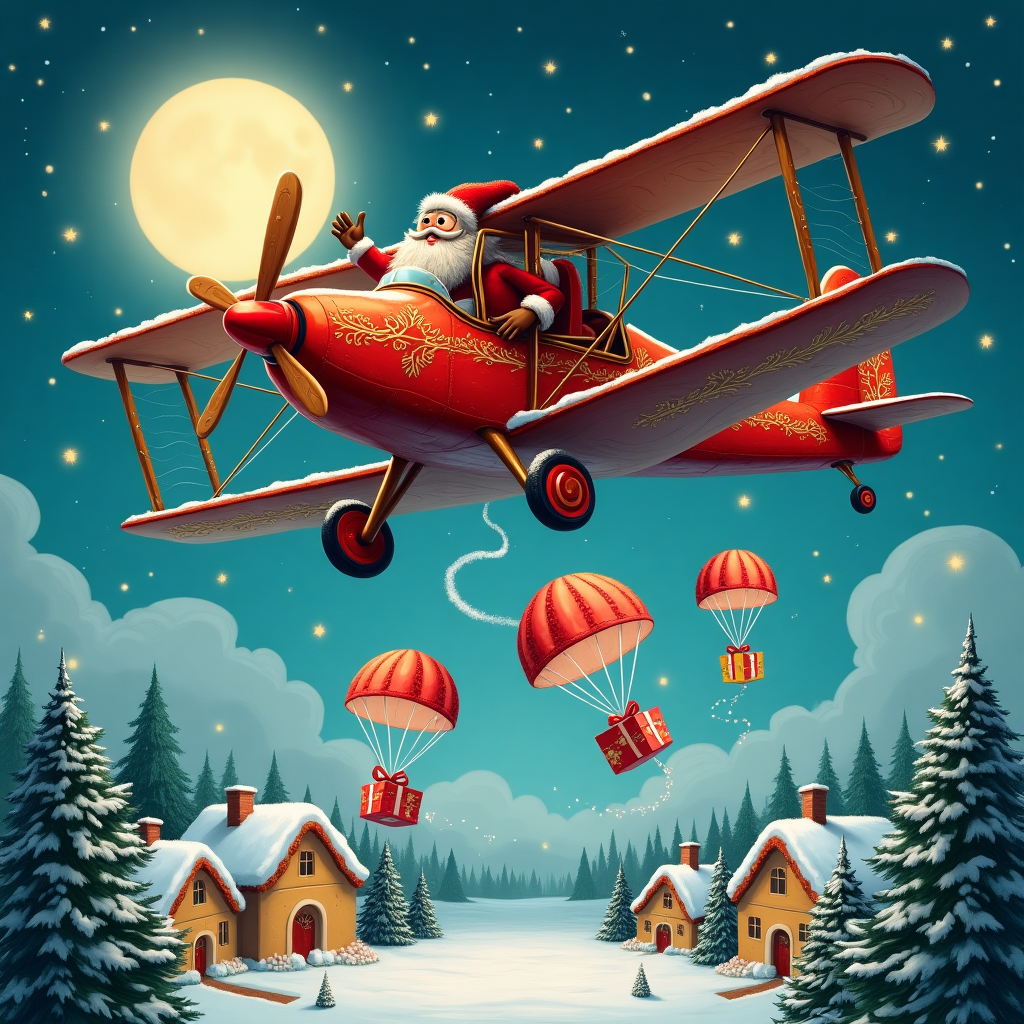 On the front cover of the Christmas greeting card, a fantastical scene unfolds high above a sleepy, snow-blanketed village. Dominating the sky is a vintage biplane, whimsically transformed to resemble Santa's sleigh. The plane is painted a vibrant holly red, adorned with intricately designed golden filigree that twinkles against the moonlit sky. At the nose of the plane, a gleaming red bulb emits a soft, reassuring glow, reminiscent of Rudolph's legendary nose, while elegant wooden antlers, carved with delicate patterns, extend gracefully from each side, adding a touch of rustic charm. 

Santa himself is visible through the open cockpit, his iconic red suit contrasting against the crisp night air. His eyes twinkle behind aviator goggles, and his bushy white beard flows freely, caught in the winter breeze. He steers the plane with jovial expertise, his gloved hand tipping the wing in a friendly wave to onlookers below.

From the belly of the plane, a cascade of gifts descends, each wrapped in bright red and white paper, their festive ribbons fluttering like tiny banners. Each package is equipped with a miniature parachute, ingeniously crafted from patterned fabric in the style of a patchwork quilt, a nod to traditional handiwork. The parachutes expand in the crisp air, ensuring a gentle descent of these treasures toward the earth.

Below, the quaint village is bathed in the serene glow of the plane's red nose. Tiny cottages, with thatched roofs dusted in snow, cluster around a central square where a grand fir tree, bedecked with ornaments and twinkling lights, stands sentinel. The village is encircled by a dense forest of evergreens, their branches heavy with freshly fallen snow, offering a protective embrace.

In the distance, the horizon is a tapestry of midnight blues and silvers, where the stars twinkle like tiny diamonds, and the full moon casts its gentle light over the magical scene. The entire tableau captures a moment of whimsical wonder, as if plucked from the pages of a beloved, timeless tale.
Generated with these themes: Santa flying a plane that has a glowing red nose and antlers on the front while red and white gifts with parachutes fall out of the plane.
Made with ❤️ by AI.