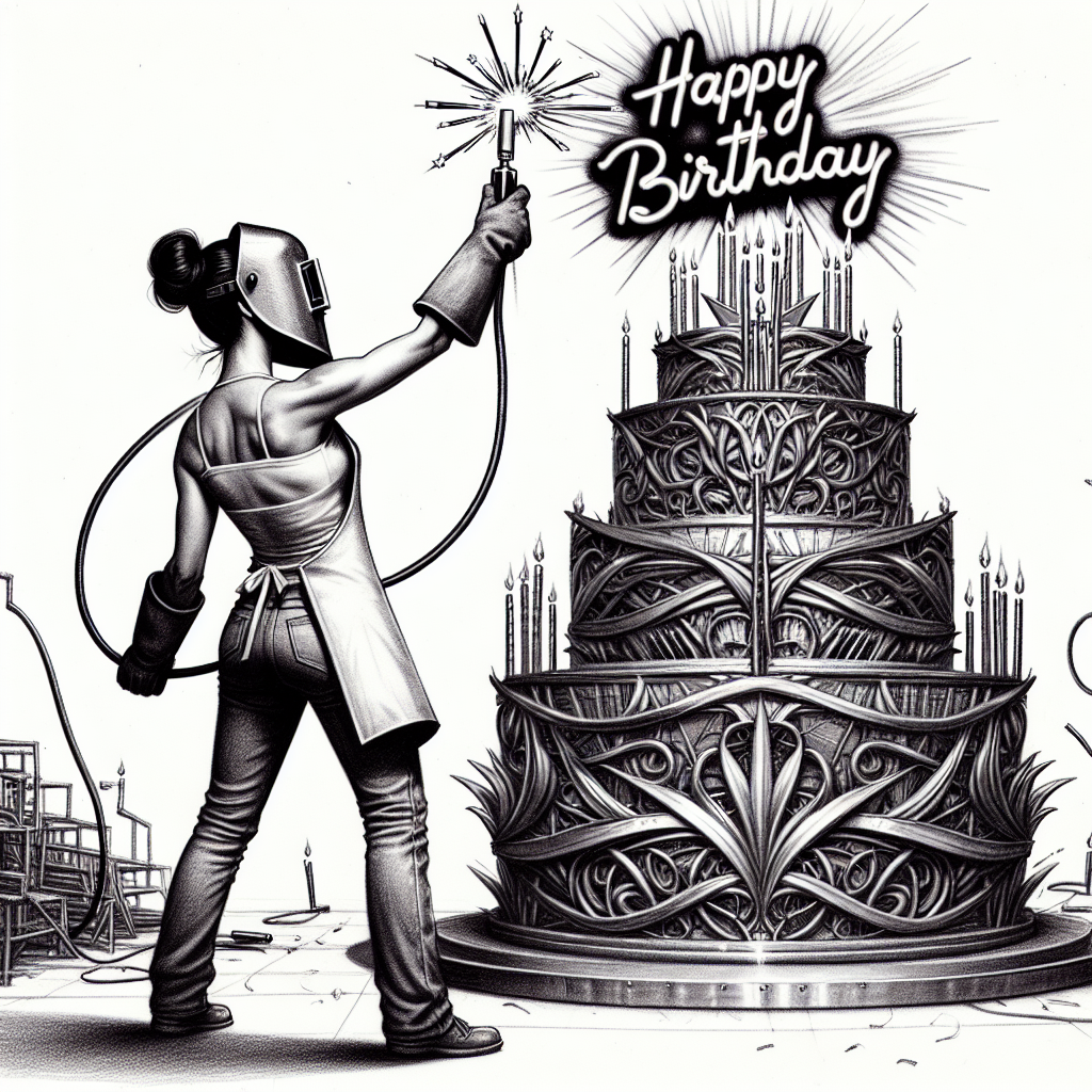 A sketch depicting a strong Hispanic woman dressed as a welder standing triumphantly in front of an unconventional birthday cake that's been artistically forged from metal. She's holding a welding torch as if it's a candle lighter. Behind her extends a detailed and intricate metal structure that mimics the shape of a tiered birthday cake. At the peak of this metallic delicacy is a radiant 'Happy Birthday' neon sign that electrifies the entire scene with jubilant energy.
Generated with these themes: Strong woman welder in front of a metal birthday cake with happy birthday neon sign.
Made with ❤️ by AI.