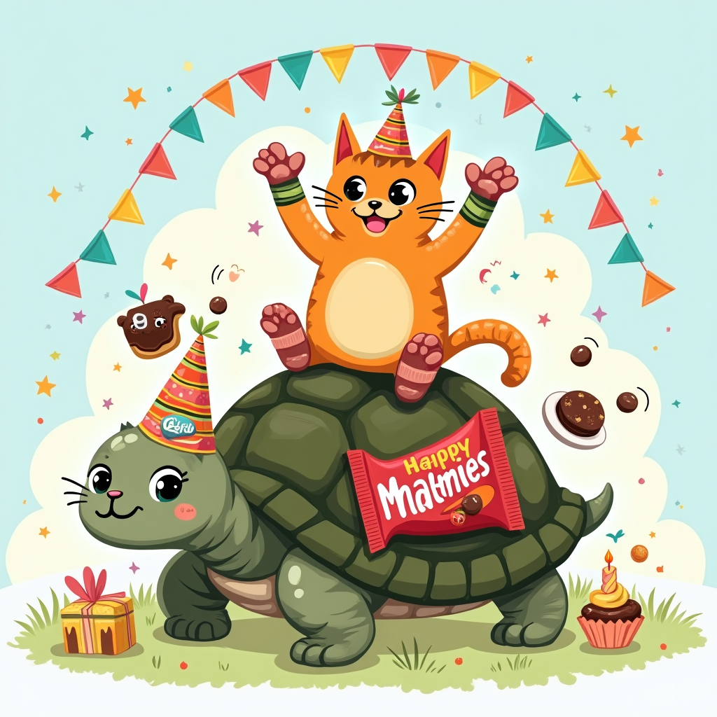 At the top of the Cartoon Style image, Happy Birthday Flossie

A bright, cute, playful cartoon scene with exaggerated proportions, thick black outlines, and saturated colors: Center stage, a chubby-cheeked ginger cat with sparkling eyes and tiny whiskers is proudly sitting on the back of a friendly tortoise. The cat wears oversized, mismatched woolly socks (stripey, candy colors) on all four paws and a tiny party hat tipped to one side. The tortoise—smiling and mid-step—sports a festive cone hat and a ribbon wrapped around its shell like a gift. On the tortoise’s shell: a small plate with toast slathered in glossy dark Marmite and a squat, iconic Marmite jar (yellow lid, shiny brown spread) beside an open bright-red bag of Maltesers with glossy chocolate balls bouncing out and swirling around like confetti. Add a few chocolate orbs floating like mini balloons on strings for whimsy.

Surround them with rainbow bunting, confetti, stars, and sparkles; include a tiny cupcake with a single candle near the tortoise’s foot. Background: soft sky-blue gradient with fluffy clouds and a gentle radial glow, keeping the scene clean and airy. Compose it large and image-first: the cat and tortoise fill most of the frame, dynamic and cute, with playful motion lines around the tortoise’s feet and the cat’s raised paw.

Style notes: thick outlines, bouncy shapes, soft cel-shading, high-contrast highlights on eyes and chocolates, vivid candy-colored palette, crisp, clean vector feel. Keep props text-free (recognizable by shape/color), aside from the main greeting.

At the bottom in a small, cheeky caption in bubbly hand-lettering with a white outline: Have a tortally purr-fect day!
Generated with these themes: Ginger cat sitting on a tortoise with woolly socks marmite and maltesers, and .
Made with ❤️ by AI.