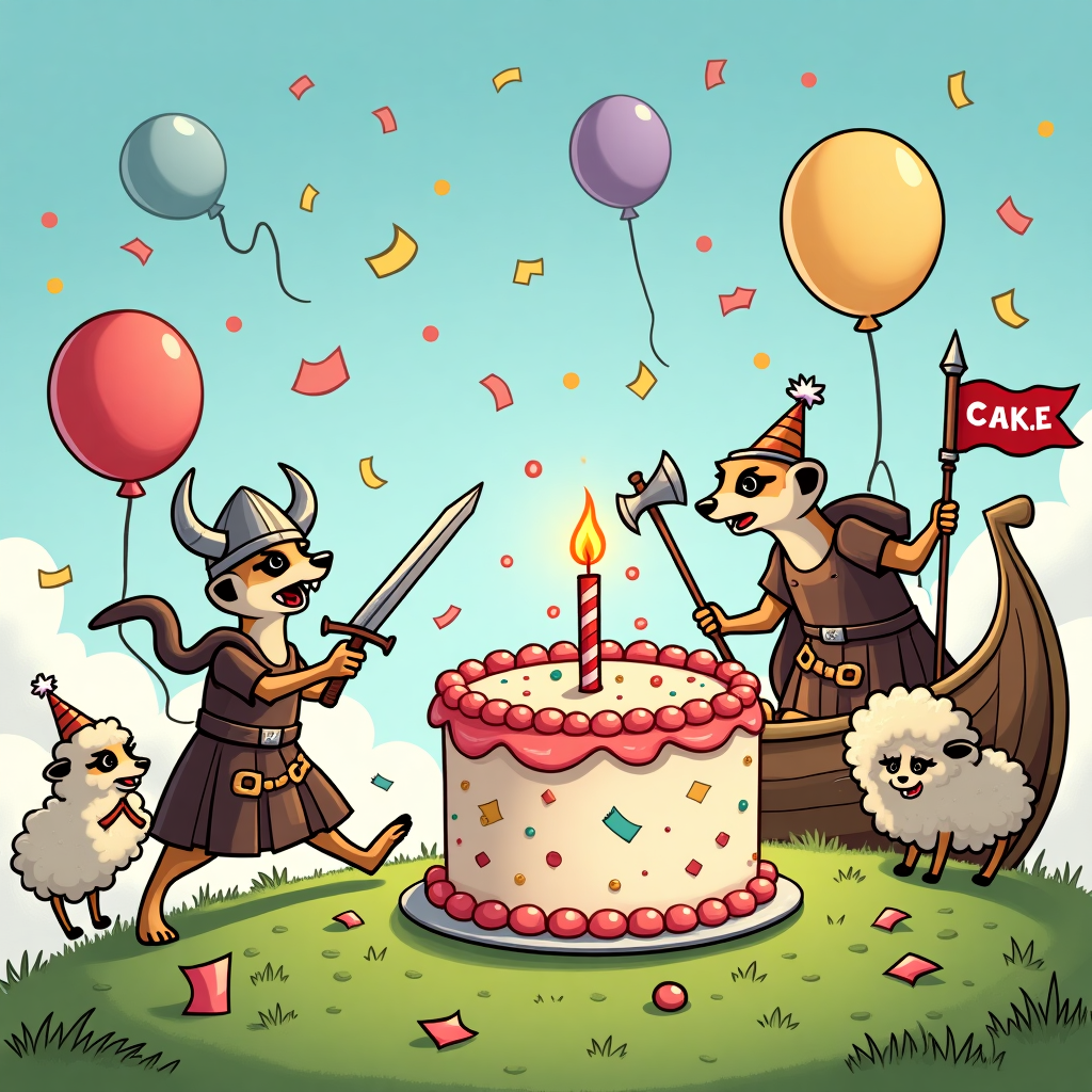 **At the top of the cartoon image:**  
**"Happy BIRTH-RAID Day, ALBERT — Time to pillage some cake!"**

**Image Prompt:**  
A hilarious cartoon scene featuring a band of mischievous meerkats dressed as fierce but tiny Vikings charging across a grassy hilltop towards a giant, elaborately frosted birthday cake. The meerkat leader, wearing an oversized horned helmet that’s too big for his head, is holding a birthday candle like a flaming sword. Another meerkat rides a sheep like a battle steed, wielding a balloon shaped like a battle axe. In the background, a Viking longboat made from an upturned cereal box is “docked” in a sandbox with a flag reading "C.A.K.E. Division". Balloons, party hats, and confetti are flying everywhere. The mood is jubilant and chaotically adorable, filled with vibrant colors and cartoon-style exaggerated expressions.
Generated with these themes: VIKING, and MEERKAT.
Made with ❤️ by AI.