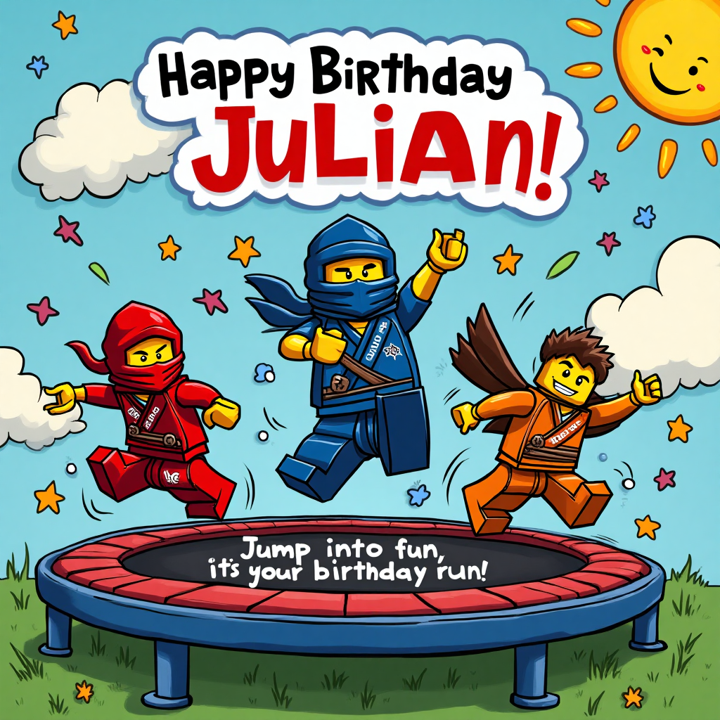 At the top of the Cartoon Style image, "Happy Birthday Julian!"

Image Prompt: A vibrant and playful cartoon scene with Lego Ninjago characters energetically bouncing on a trampoline. The scene is full of action, with exaggerated expressions of joy and excitement on the characters' faces. They are surrounded by bright and cheerful colors, like vivid reds, blues, and yellows, creating a fun and lively atmosphere. Thick outlines define the characters, while the trampoline is adorned with colorful stars and swirls. In the background, cartoon clouds and a cheerful sun add to the celebratory mood. Text on the trampoline reads, "Jump into fun, it's your birthday run!"
Generated with these themes: Lego Ninjago, Trampoline, and .
Made with ❤️ by AI.