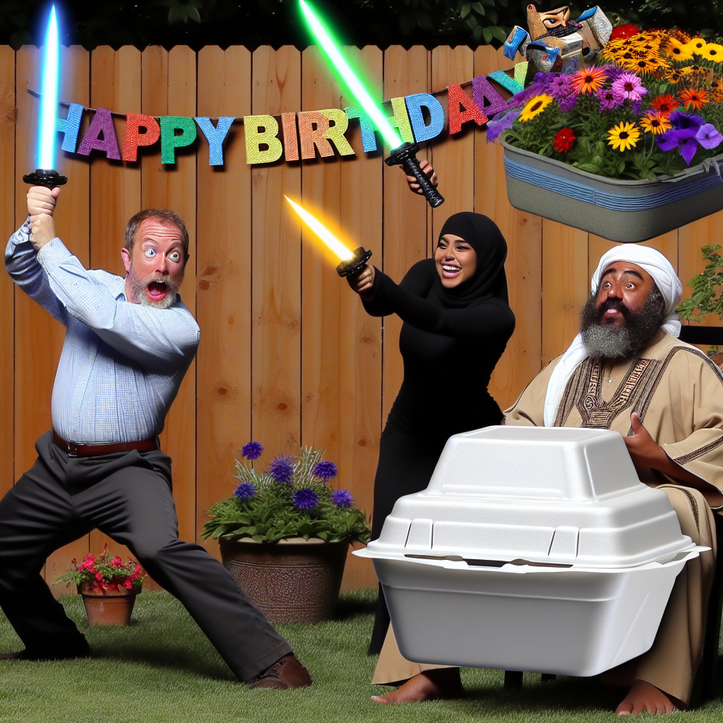 Create a humorous illustration of a birthday celebration, capturing a quirky combination of elements at a garden party. Show exaggerated, jovial characters of differing descent: a Caucasian man and a Hispanic woman, both having a good-natured duel using faux glowing swords in reference to action-packed space films. In the scene, also incorporate an oversized takeout container, but with a twist: it sprouts vibrant party-themed flowers. Add another funny aspect: a Middle-Eastern character, seemingly unaware that his sitting cushion is expanding, adding to the overall comedy of the scene.
Generated with these themes: Chinese takeaway, Haemorrhoids , Star wars, Fat people, and Gardening.
Made with ❤️ by AI.