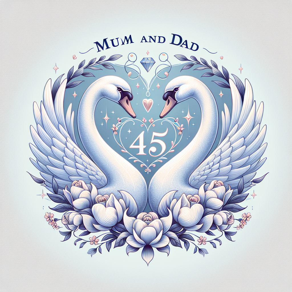 Create a charming and heartwarming illustration for a 45th wedding anniversary banner dedicated to 'Mum and Dad'. The centerpiece is a pair of graceful swans, their intertwined necks forming a heart shape. Set above the number '45', brilliantly decorated in a subtle sapphire tone to represent the sapphire anniversary. The swans are encircled by dainty flowers adding a touch of romance to the overall design of the banner.
Generated with these themes: 45th Wedding Anniversary Banner, and Mum and Dad.
Made with ❤️ by AI.