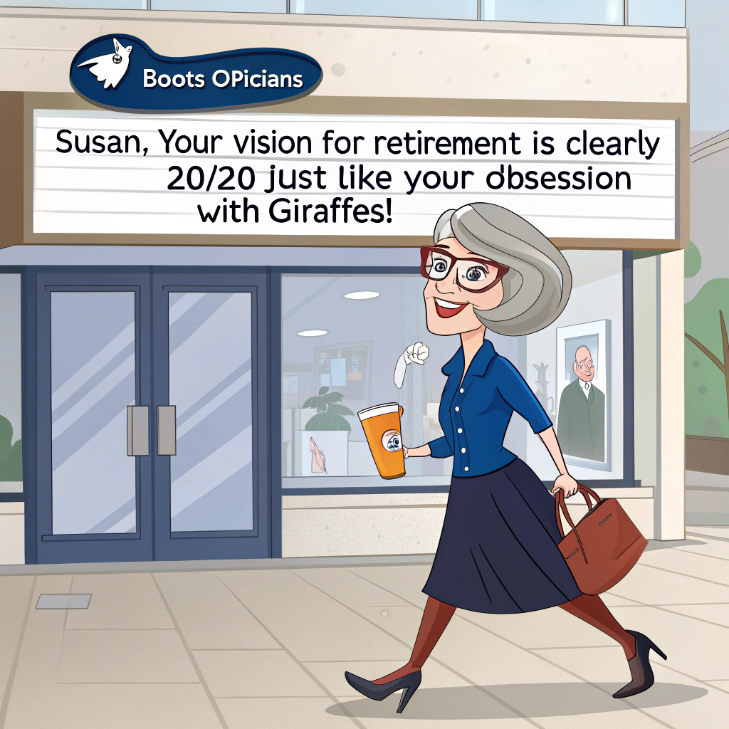 At the top of the image, "Susan, your vision for retirement is clearly 20/20 — just like your obsession with giraffes!"

- Depict a cheerful cartoon scene outside a Boots Opticians store.  
- Susan is confidently striding out the automatic doors for the last time, holding her favourite orange coffee travel cup adorned with quirky giraffes.  
- She wears a royal blue blouse, a dark navy skirt, stylish red glasses, and has a smart grey bob haircut.  
- A goofy giraffe peeks out from behind the Boots sign, wearing glasses and giving Susan a cheeky wink.  
- In the background, a line of staff inside waves exaggeratedly, one of them holding a giant fake eye chart that reads: “S-E-E Y-A S-U-S-A-N!”  
- Balloons in orange and royal blue bob around, and a retirement banner has a giraffe tangled in it, holding it up proudly with its long neck.  
- The mood is humorous and full of warmth — perfect for a giggle-filled farewell.
Generated with these themes: Works in Boots Opticians, Giraffe , Opticial Assistant retiring, Favourite colour orange , Wears royal blue blouse, dark navy skirt, red glasses, grey short bob haircut, Holding a coffee travel cup that has giraffes on, and Leaving Boots opticians .
Made with ❤️ by AI.
