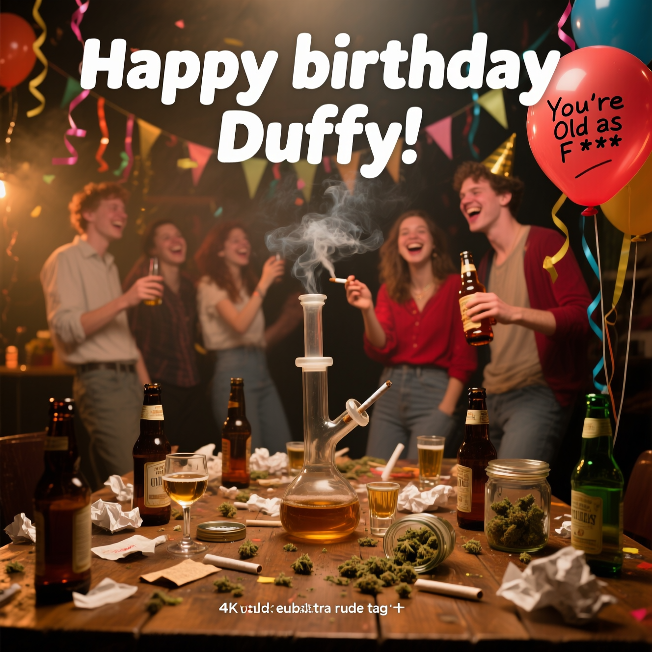 At the top of the photorealistic picture taken from a camera image, the text in bold, playful, cheeky font reads: **Happy birthday Duffy**.  

A 4K ultra-high-definition, hyper-realistic scene of a wild birthday afterparty: a cluttered wooden table littered with empty beer bottles, half-poured tequila shots, and a tipped-over wine glass, surrounded by crumpled rolling papers, open jars of cannabis buds, and a large bong still faintly steaming. In the background, a group of slightly out-of-focus, laughing partygoers in their late 20s/30s are mid-toast, one holding a joint and another clutching a bottle of whiskey, red-faced and clearly tipsy. Streamers and deflated balloons hang haphazardly, one balloon reading “You’re Old as F***” in marker. The warm, low amber lighting makes the scene feel intimate and a bit naughty, with visible haze in the air from both smoke and booze-fuelled antics.  

Would you like me to also add a **subtle extra rude tagline** at the bottom for extra bite?
Generated with these themes: Cannabis , Alcohol , and .
Made with ❤️ by AI.