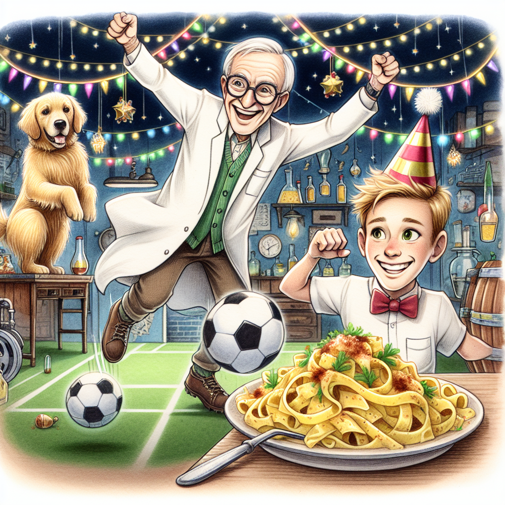 A charming birthday-themed drawing presents two characters, resembling an aged scientist and his teenage companion, joyfully kicking a football in the foreground, a cheeky reference to international football. Beside them, a sweetly illustrated golden retriever wearing a festive hat watches with anticipation. The backdrop of a festooned scientist lab glows under the strings of lights and hanging party accessories. The center of the drawing is occupied by a table set with a tantalizing platter of pasta carbonara, infusing a familiar and appetizing dimension to the festive ambiance.
Generated with these themes: Rick and morty , Labrador, Fifa, and Carbonara.
Made with ❤️ by AI.