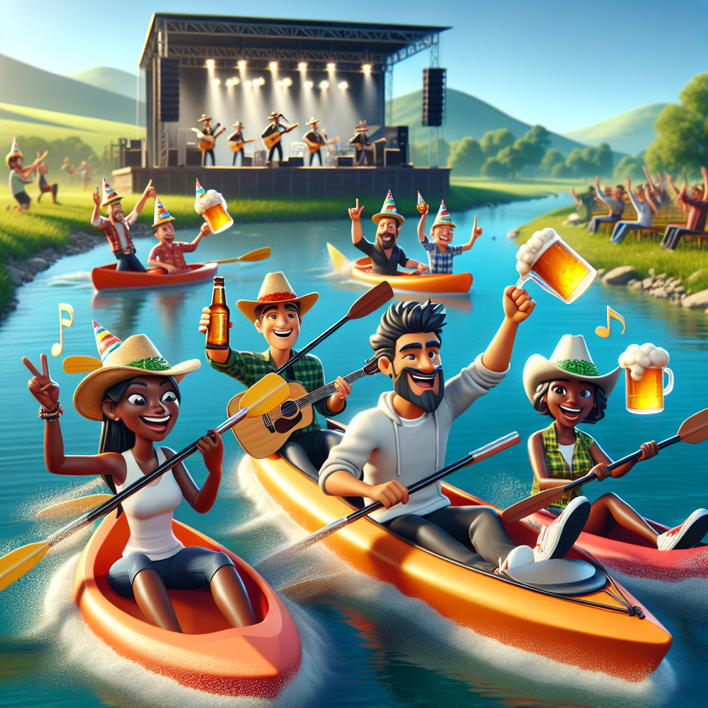 Render an energetic cartoon birthday celebration taking place by a serene river, with Caucasian, Hispanic, and Middle-Eastern characters joyfully kayaking in party hats. The countryside scenery in the background is bathed in sunshine, featuring a stage where a dynamic band sets the mood with energetic tunes, seen as floating notes. The riverbanks are embellished with animated beer bottles wearing cowboy hats. Diverse characters, such as a South-Asian female and a black male, hold mini beer mugs, raising toasts in the birthday celebrant's honor.
Generated with these themes: Kayaking, Country music, and Beer.
Made with ❤️ by AI.