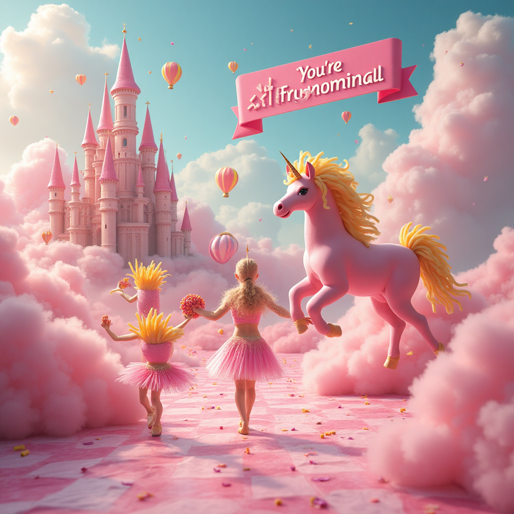 At the top of the Surreal Style image, include the text: "Happy Birthday, Kyle".

---

In a dreamlike surreal landscape, a whimsical pink castle floats amidst fluffy cotton candy clouds. At the forefront, a princess in a sparkling tutu is cheerleading with a group of animated, gravity-defying French fries performing gymnastics around her. The princess is holding a pom-pom made of McDonald's golden arches, radiating with an ethereal glow. A pink unicorn with curly fries for a mane prances through the air, trailing confetti. The ground below is a checkerboard floor that morphs into a vast, undulating sea of strawberry milkshake, with tiny gymnastics mats floating like lily pads. A whimsical banner in the clouds reads, "You're Fry-nominal!"
Generated with these themes: Princess, pink, cheerleading , Gymnastics, McDonald’s , and .
Made with ❤️ by AI.