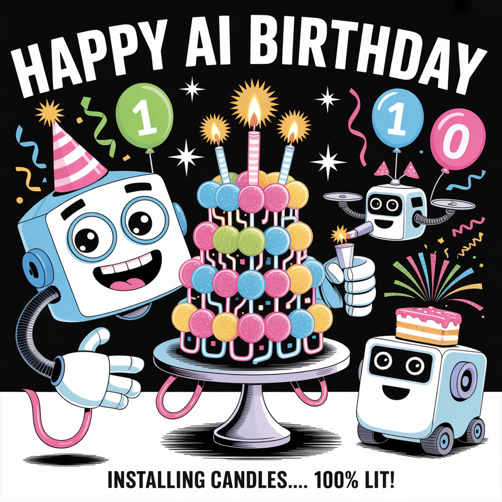 At the top of the Cartoon Style image, "Happy AI Birthday"

At the bottom of the image, "Installing candles... 100% lit!"

- Center a towering, cartoonish birthday cake shaped like a neural network: glowing gumdrop “nodes” connected by icing “wires,” perched on a shiny circuit-board cake stand. LED candles flicker with pixel-style flames, sparkling starbursts around them.
- A big, friendly robot with an oversized head, huge expressive eyes, and springy limbs leans in with a goofy grin, wearing a tilted party hat. One hand pipes frosting circuits; the other gives a thumbs-up.
- A tiny hovering drone in a bow tie delivers sprinkles from above, while a cute rolling floor-bot zooms by with a slice of cake on its head.
- Balloons shaped like 1s and 0s bob around, plus confetti and streamers bursting in binary patterns.
- Style: thick black outlines, bright saturated colors (electric blue, neon pink, lime green, sunshine yellow, tangerine), bouncy proportions, energetic poses, dynamic motion lines, glossy highlights.
- Background: playful radial burst with faint translucent circuitry patterns and floating geometric shapes.
- Typography: the top headline in chunky, bouncy bubble letters with a bold outline and subtle drop shadow; the bottom punchline in a cheeky ribbon banner, single short line, high contrast for instant readability.
- Composition: keep generous clear space around both text lines; concentrate characters and cake in the middle for maximum punch and humor.
Generated with these themes: AI, and .
Made with ❤️ by AI.
