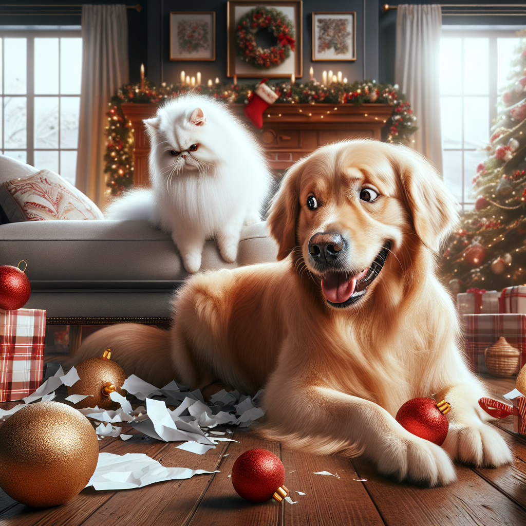 Golden retriever making a mess by the side of a white pomerian dog and a white persian cat Christmas Card