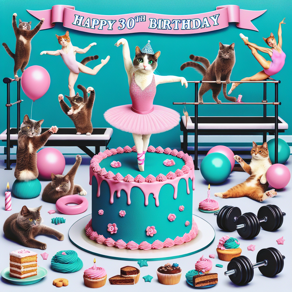 30 Teal Pink Cakes ballet cats gym Birthday Card