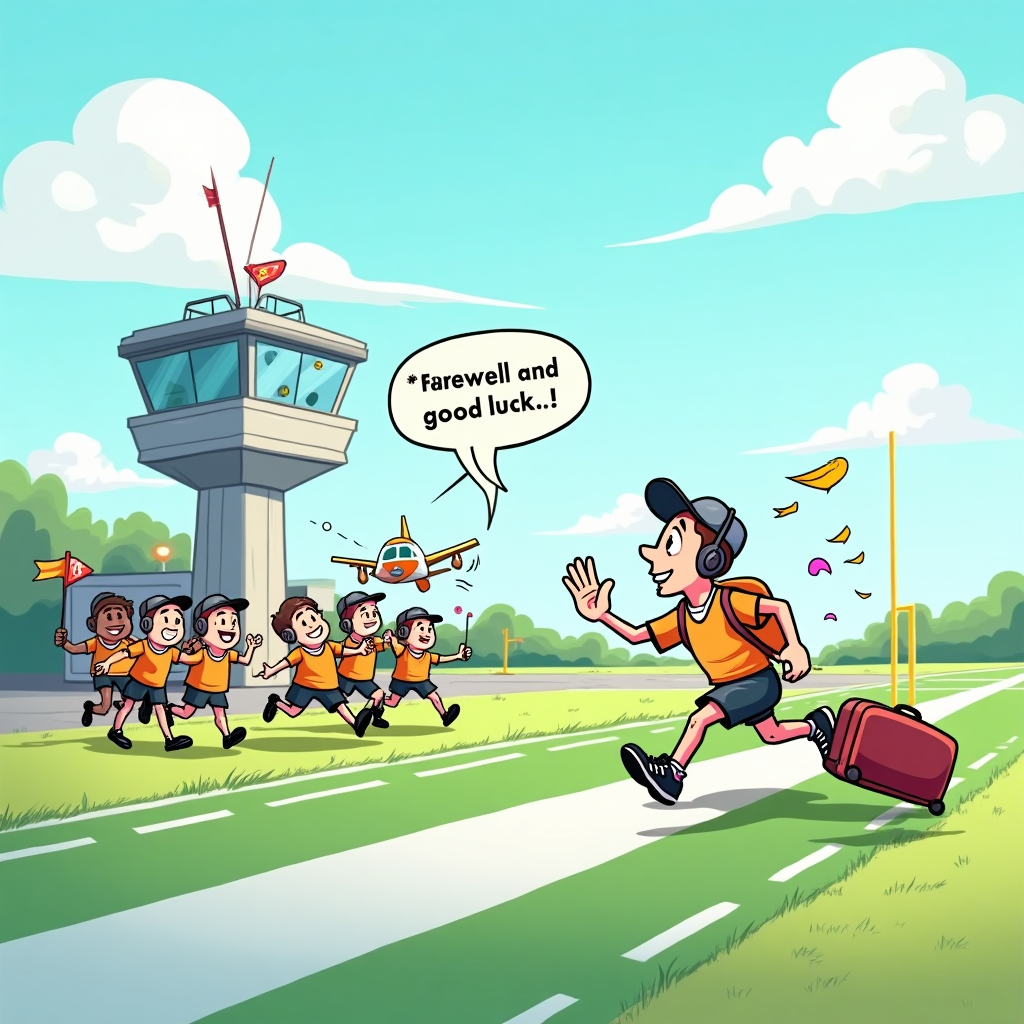 At the top of the Cartoon Style image, "Farewell and good luck"

A bright, funny cartoon airport runway that doubles as a rugby pitch: bold white runway markings as pitch lines, big yellow goalposts at the runway end, a windsock flapping like a touchline flag. Center stage, the departing hero—an exaggerated, grinning character in a pilot cap, ATC headset, hi‑vis vest over a rugby jersey, shorts and cleats—sprints winger‑style down the runway, waving goodbye with one hand while towing a rolling suitcase shaped like a giant rugby ball with tiny airplane wings; big motion lines and confetti streamers emphasize speed and celebration. To the side, a playful scrum of colleagues in hi‑vis vests and headsets huddle and push a tug shaped like a paper airplane, faces squished and eyes wide in comedic effort. The air traffic control tower is whimsically anthropomorphic with friendly window “eyes,” waving marshaling wands and blowing a whistle; its radar screen shows doodled Xs, Os, and arrows like a rugby play. Include one small speech bubble from the tower that reads: "Cleared for take-off—no knock-ons!" In the background, a chubby little airplane wearing a rugby scrum cap gives a thumbs‑up near the goalposts; puffy clouds shaped like rugby balls drift by. Style: playful cartoon characters with exaggerated proportions, thick black outlines, bright saturated colors, clean cel shading, bouncy energetic poses, crisp midday light, tall portrait, full‑bleed composition. Do not include any other text.
Generated with these themes: Air traffic control, Rugby, and .
Made with ❤️ by AI.
