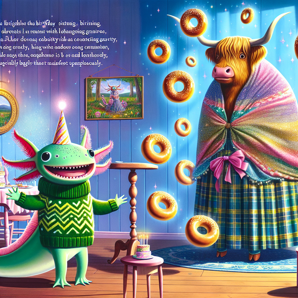 Depict a delightfully whimsical birthday setting with surreal cartoon aesthetics, brimming with enchantment and magic. In this scene, a friendly axolotl charmingly garbed in a vibrant green sweater welcomes guests with cheer and brightness on its face. Nearby, an imposing Highland cow, wrapped in a captivating cloak of enchantment, partakes in the delight of heavenly bagels that manifest spontaneously. The birthday scenario is enhanced with elements of the extraordinary, with ordinary objects countering gravity and exuding an ethereal radiance. Every detail should evoke an atmosphere of friendly charm, whimsy, and dream-like wonder.
Generated with these themes: Axolotl, Green jumper, Savoury Bagels, Highland cow, and Magic.
Made with ❤️ by AI.