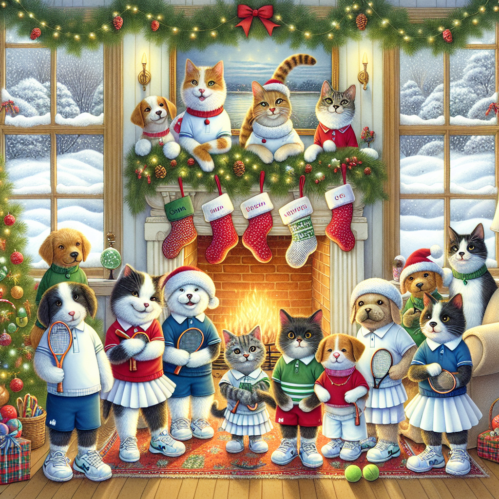 A whimsical Christmas illustration features cheerful cats and dogs dressed in tennis costumes, surrounded by festive decorations. The animals, sporting little tennis skirts and polo shirts with miniature rackets, gather around a cozy fireplace where stockings hang, each carefully embroidered with their names. The room bursts with holiday spirit, entwined with garlands and the glow of twinkling lights, while outside the window, snow gently blankets the world in white.
Generated with these themes: Cats and dogs tennis costumes.
Made with ❤️ by AI.