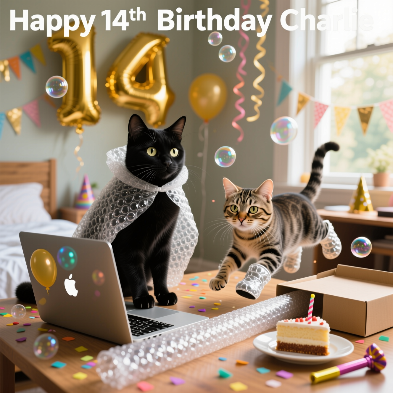 At the top of the Photorealistic picture taken from a camera image, Happy 14th Birthday Charlie

Ultra-high-definition 4K UHD, photorealistic, true-to-life indoor scene: A sunlit bedroom desk set up for a birthday, natural morning light streaming through a window. Center frame: a sleek black cat wearing a bubble-wrap cape sits proudly on an open, logo-free laptop, while a mischievous tabby cat in little bubble-wrap “booties” pounces mid-pop on a long sheet of bubble wrap spilling from an open package. The bubble wrap glitters with crisp specular highlights and visible air pockets; scattered popped bubbles and colorful confetti dot the wooden desk. In the softly blurred background, shiny gold helium balloons shaped like the number 1 and 4 float near hanging streamers and a few party decorations. A small plate with a slice of birthday cake and a party blower sit nearby for extra celebration vibes. The laptop screen shows subtle reflections of the balloons; keys visible beneath the black cat’s paws. Expressions are comedic: tabby wide-eyed at the pop, black cat calmly regal. Accurate lighting and lifelike textures: individual fur strands, whiskers, and the delicate transparency of the bubble wrap rendered in crisp detail. Composition is eye-level and playful; shallow depth of field with creamy bokeh, tack-sharp focus on the cats’ faces. Camera settings: full-frame DSLR, 50mm prime, f/2.8, ISO 200, 1/250s; clean, vibrant color grade.

Render the top text in glossy, bubble-like lettering that subtly nods to bubble wrap, bright but tasteful so it complements the scene.

Add a small, cheeky one-line caption at the bottom: We came for the cake, stayed for the pop-ups.
Generated with these themes: Black cat, Tabby cat, Bubble wrap, 14, Laptop, Happy Birthday , and .
Made with ❤️ by AI.