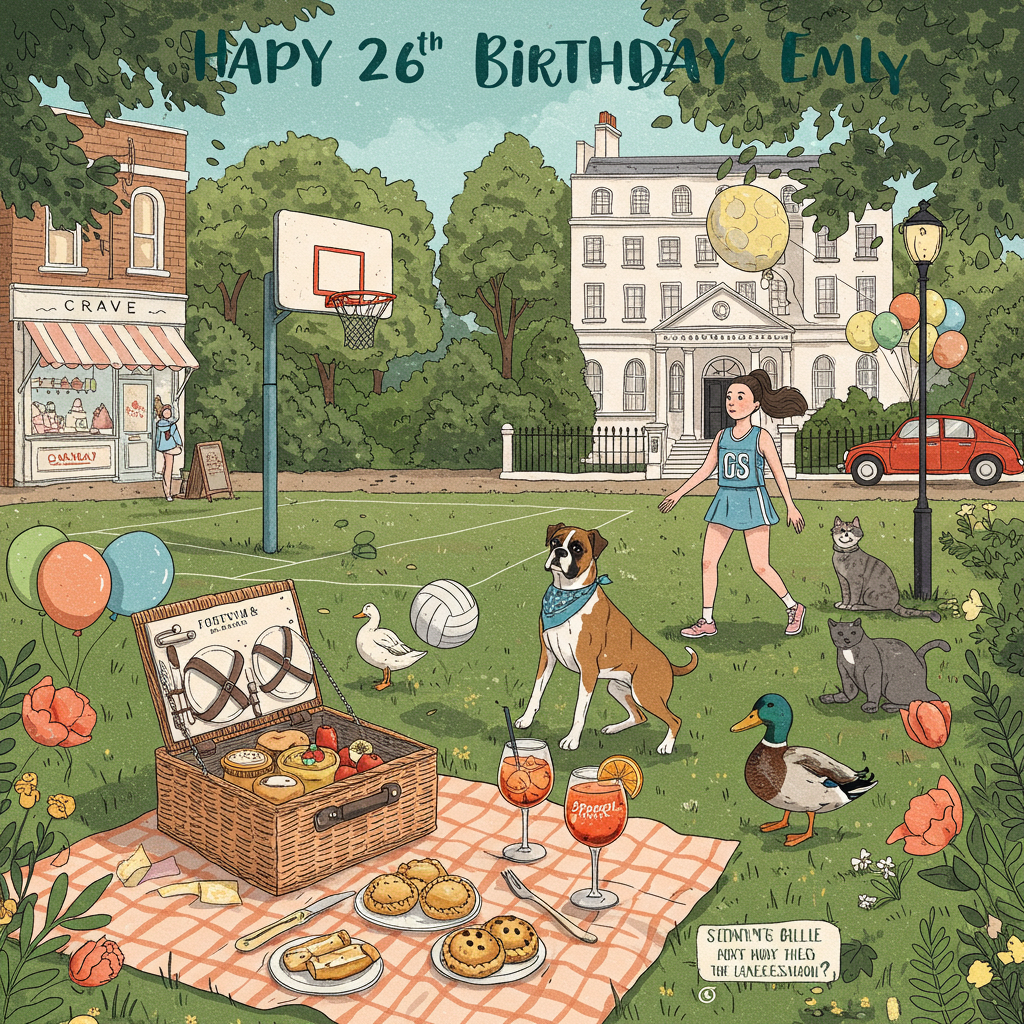 At the top of the Illustration Style image, “Happy 26th Birthday Emily” in warm, hand-lettered script, softly arched, deep teal with subtle gold-fleck highlights.
Hand-drawn illustration with fine linework, textured brush strokes, balanced composition, and a warm, expressive color palette. A sunlit, leafy city-park scene unfolds in late-afternoon glow. Center stage, a netball hoop and court: a focused girl with a high ponytail in a light blue kit takes a graceful shot, “GS” clearly lettered in white on her top. Beside her, a playful fawn boxer dog with a white chest and black mask springs on its hind legs, paws up toward a spare netball, wearing a sky-blue bandana.
In the foreground on a soft gingham blanket sits an open wicker Fortnum & Mason picnic hamper (neat label reading “Fortnum & Mason”). On display: rock cakes and golden pasties, each topped with a tiny pastry crab. A sparkling Aperol Spritz in a stemmed glass, ice and an orange slice catching the light. Near the blanket, a mallard duck with a tiny collar tag that reads “Jake” looks on, serene and curious.
Left midground: a charming ice cream shop with a striped awning and a hand-painted sign that says “CRAVE,” pastel tones glowing through the window. Right midground: a small red car parked with a cluster of celebratory balloons shaped as a 2 and a 6, gently bobbing. In the background, the grand white facade of The Lanesborough with its sign, elegant columns, and on the front step a dignified grey cat sits poised, tail curled.
Soft dappled light, painterly foliage, and gentle crosshatching add depth; hues of sky blue, apricot, coral, and cream keep the mood sincere and joyful.
At the bottom in a small, handwritten caption: “Here’s to net gains and sweet days.”
Generated with these themes: A girl with a pony tail playing netball wearing light blue with GS on her top, a boxer dog is also playing, a mallard duck called Jake is watching, an ice cream shop called Crave, a small red car with balloons with the number 26 on them, a Fortnum and Mason picnic basket with rock cakes and pasties with a small pastry crab on each, an Aperol Spritz cocktail drink, a grand white hotel called The Lanesborough with a grey cat on its doorstep, and .
Made with ❤️ by AI.