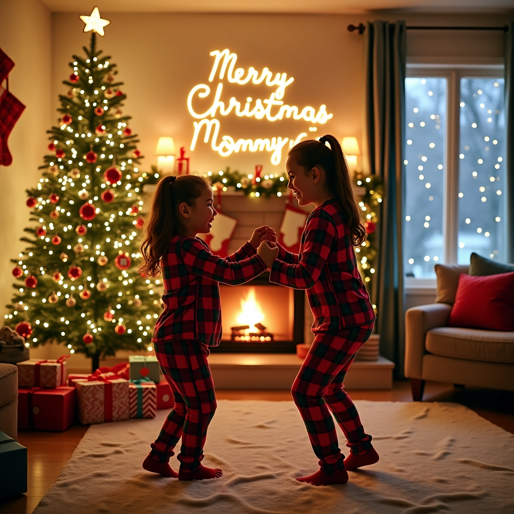 In the heart of a cozy, warmly lit front room, a magical Christmas scene unfolds. A towering Christmas tree, adorned with twinkling multicolored lights and shimmering tinsel, stands majestically in the corner, its star topper casting a gentle glow across the room. Nestled beneath the tree are heaps of elaborately wrapped presents, each tied with vibrant ribbons. At the center of the room, a plush, cream-colored rug serves as the dance floor where a joyful mother and child, Mommy and Henley, clad in matching red and green plaid Christmas pajamas, twirl and giggle in a playful dance. Their smiles are as bright as the lights on the tree, capturing a moment of pure delight. On the wall behind them, a creatively designed banner made of garlands and string lights spells out "Merry Christmas Mommy and Henley," the letters interwoven with tiny ornaments and holly. A fireplace crackles softly nearby, with stockings hung above, adding to the warmth of the scene. In the background, a large window reveals a gentle snowfall outside, completing this picturesque holiday setting.
Generated with these themes: Christmas tree with lots of lights , Christmas Pyjamas , Dancing , Front room of lovely warm home, and Happy smiling .
Made with ❤️ by AI.