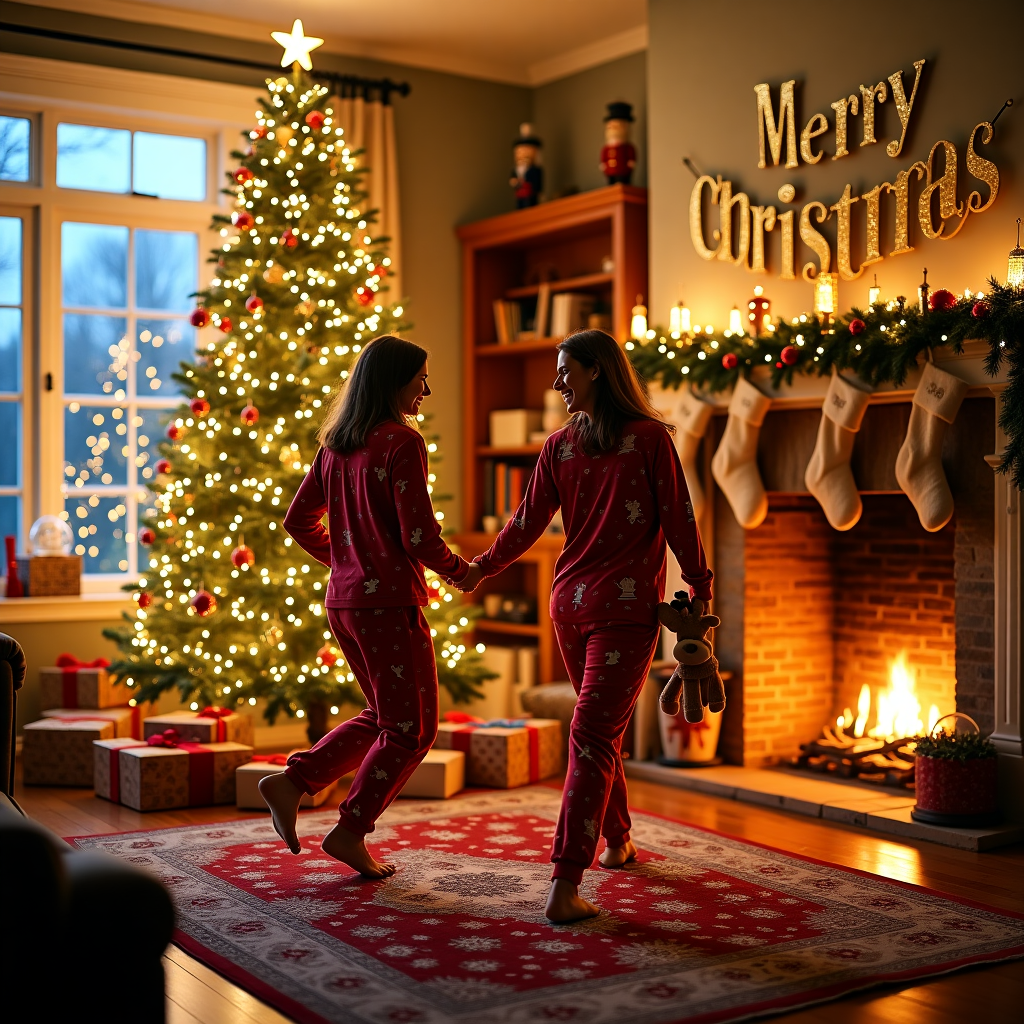 In the cozy front room of a lovely, warm home, a dazzling Christmas spectacle unfolds. The focal point is a grand Christmas tree, lavishly adorned with twinkling multi-colored lights that cast a soft glow throughout the room. The tree is festooned with shiny ornaments, shimmering tinsel, and a glittering star perched on top. Below the tree, an array of whimsically wrapped presents hint at the joys to come. To the side, a large bay window reveals gently falling snowflakes, their delicate patterns catching the light.

In the center of the room, Mommy and Henley are joyously dancing in matching, quirky Christmas pajamas. Henley's are red with little reindeer prancing across the fabric, while Mommy's feature an army of dancing gingerbread men, both sets giving off a delightful holiday cheer. The room is alive with motion as their feet sweep across the plush, intricately patterned Persian rug. Henley clutches a plush reindeer toy in one hand, its soft antlers bobbing with each movement.

Suspended above the fireplace, a personalized banner spells out "Merry Christmas Mommy and Henley!" in large, elegant letters. The letters are crafted from shiny golden foil, catching the glow of the nearby crackling fireplace, which is framed by a mantel adorned with evergreen garlands and red berries. A collection of vintage Christmas stockings hang from the mantel, each one lovingly hand-knitted, adding a touch of nostalgia to the scene.

Behind them, the wall is covered in family photographs, adding depth and a sense of history to the setting. In one corner of the room, a tall wooden bookshelf holds an eclectic mix of books and holiday trinkets, including a playful nutcracker and a snow globe with a swirling winter wonderland scene. The entire room exudes a lively yet intimate holiday spirit, capturing the magic of shared moments and the delight of the season.
Generated with these themes: Christmas tree with lots of lights , Christmas Pyjamas , Dancing , Front room of lovely warm home, and Happy smiling .
Made with ❤️ by AI.