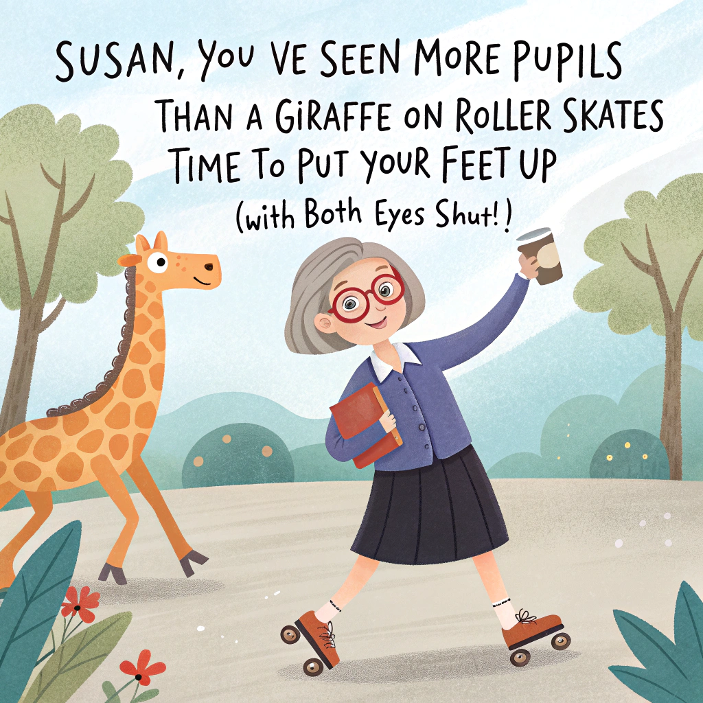 At the top of the image, "Susan, you’ve seen more pupils than a giraffe on roller skates – time to put your feet up (with both eyes shut!)"

- In the cartoon-style image, show Susan, wearing her royal blue blouse, dark navy skirt, red glasses, and her iconic short grey bob, holding a coffee travel cup decorated with giraffes. She's triumphantly riding on the back of a smiling, bespectacled giraffe wearing an “I ❤️ Orange” sash. 

- Around her, her colleagues are cheering and waving:  
   - The male manager with blonde hair, green glasses, and blue shirt is holding a balloon that says “We’re all out of eye-deas without you!”  
   - The bald optometrist in a white tunic and black trousers is holding up a giant farewell card in the shape of an eyeball.  
   - The Chinese female manager in her black suit and navy shirt is adjusting giant novelty binoculars while waving.
   - Two other female colleagues, both with brown hair in blue tunics and black trousers (one with hair tied up, one down), are teary-eyed and throwing confetti shaped like mini orange spectacles.  

- In the background, the inside of a Boots Opticians is comically packed with floating spectacles, giraffe-patterned signs, and an “Official Coffee Zone” booth that says “Only Giraffes Allowed”.

- Include small, cheeky signs like:  
  - “Gone to see the bigger picture”  
  - “Last coffee before clear sight of retirement!”
Generated with these themes: Works in Boots Opticians, Giraffe , Optician Assistant retiring, Favourite colour orange , Wears royal blue blouse, dark navy skirt, red glasses, grey short bob haircut, Holding a coffee travel cup that has giraffes on, Male manger blonde with green glasses blue shirt, Optometrist male no hair, white tunic, black trousers , Chinese female manager in black suit, navy shirt, black trousers , Female brown hair blue tunic, black trousers, and Female brown hair tired up, blue tunic, black trousers .
Made with ❤️ by AI.