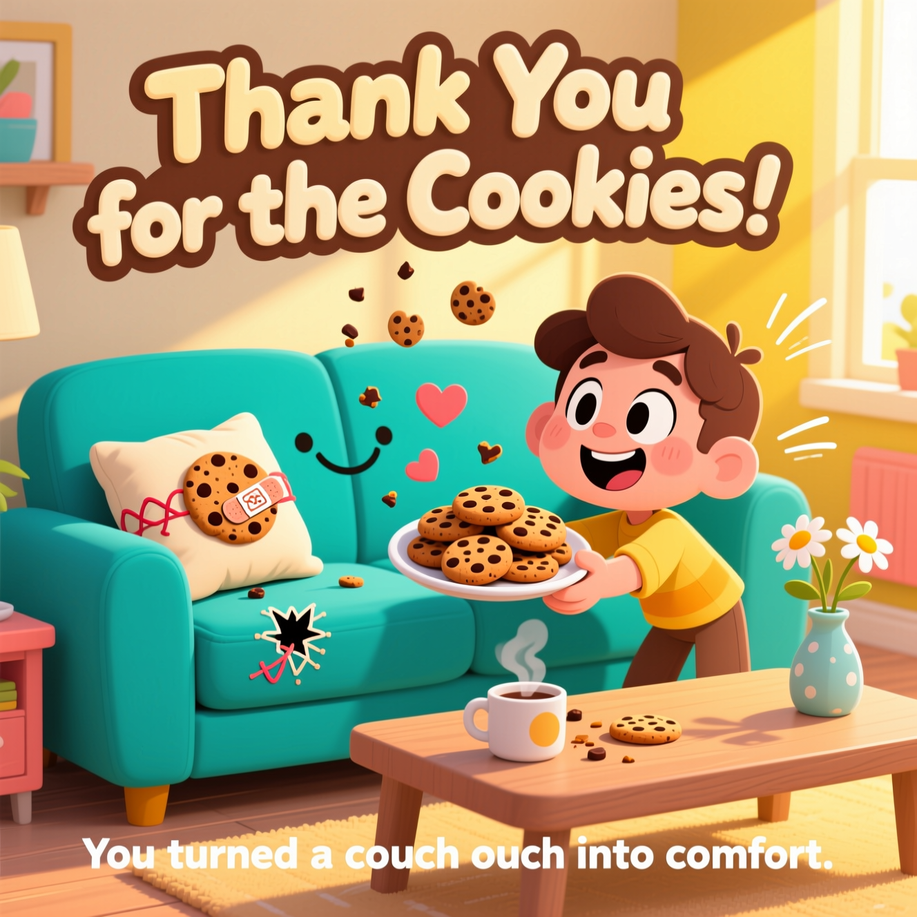 At the top of the Cartoon Style image, "Thank You for the Cookies!"

At the bottom of the image, "You turned a couch ouch into comfort."

Center scene: Playful cartoon style with thick outlines and bright, saturated colors. A cozy living room with a big, friendly teal couch as the hero, smiling softly. One cushion shows a small upholstery laceration (a cute fabric tear) neatly stitched with oversized, loopy threads and a cookie-shaped bandage patch. A cheerful character with exaggerated features and warm eyes leans forward from the couch, offering a plate piled high with chocolate-chip cookies; cookie crumbs swirl into tiny heart shapes. On the coffee table, a steaming mug and a little vase of daisies add warmth. Sunlight beams in buttery yellow, bouncing off the scene with whimsical motion lines. Color palette: cookie-browns, buttercream yellows, teal and coral accents. Hand-letter the top text in a chunky, rounded, frosting-like font; keep the bottom line clean and sincere. Energetic, joyful, and heartfelt—no extra text beyond the two lines.
Generated with these themes: Laceration, Couch, and .
Made with ❤️ by AI.