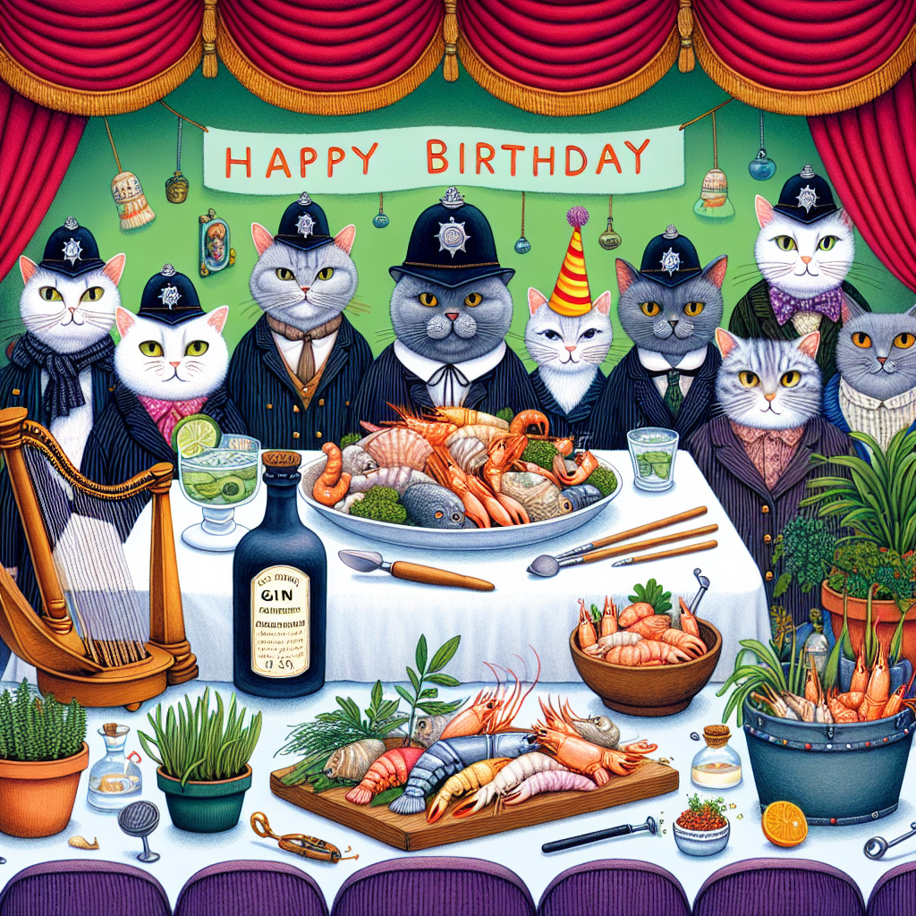 Create a whimsical birthday illustration featuring a group of diverse cats wearing tiny police hats, gathered around a table piled with various types of seafood. A rustic bottle of gin is placed prominently, next to a traditional folk music instrument, implying merriment and celebration. The setting is a vibrant theater stage adorned with plush velvet curtains. In the foreground, there's an assortment of potted plants and gardening tools, symbolizing the birthday person's fondness for gardening.
Generated with these themes: Cats, Police, Gin, Seafood, Theatre, Folk music, and Gardening.
Made with ❤️ by AI.