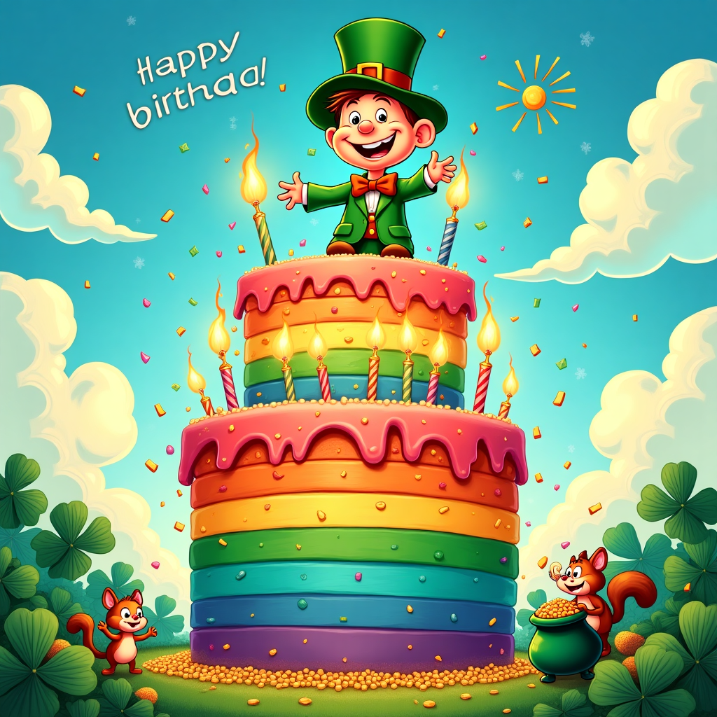 The front cover of the birthday greeting card bursts with vibrant colors and a lively, whimsical scene. At the center, a jovial leprechaun is depicted with an oversized, round head and a long, pointed nose, reminiscent of the playful exaggerations found in Peanuts and Calvin and Hobbes. His eyes are wide and twinkling, with thick, curved eyebrows adding to his mischievous appearance. He wears a classic green suit, complete with a bright, oversized bow tie and a tall, slightly tilted hat adorned with a shiny gold buckle.

The leprechaun is perched atop a gigantic, rainbow-colored birthday cake, its layers stacked like a comically tall skyscraper. Each tier of the cake is a different bold color—red, orange, yellow, green, blue, and violet—with each layer frosted with exaggerated swirls that echo the style of Winsor McCay. Giant, cartoonish candles, each aflame with flickering, lively flames, stand atop the cake, their wax dripping down in bright, glistening beads.

Surrounding the leprechaun and the cake is a vibrant, lush landscape reminiscent of classic Disney animation. The background is filled with oversized, comical shamrocks, their leaves depicted with intricate patterns and exaggerated veining. A blue sky fills the backdrop, dotted with fluffy, oversized clouds, evoking the dreamy expanses seen in Little Nemo in Slumberland. A bright, cartoon sun, with radiating lines like those in Hergé's Tintin, peeks from the corner of the card, illuminating the scene with golden rays.

Scattered around the bottom of the cake, tiny animated characters resembling Osamu Tezuka's manga style—a mix of cheeky, grinning forest animals—celebrate. They sport exaggerated, expressive features, with big eyes and wild expressions, as they toss confetti into the air, which sparkles in an array of colors. One cheeky squirrel balances a small, emerald green pot of gold, comically oversized compared to its tiny body, adding a touch of leprechaun magic to the scene.

The whole illustration is framed by a border of twisting, looping, golden Celtic knots, inspired by the intricate designs found in R. Crumb's underground comix, bringing an additional layer of playful complexity to the card.
Generated with these themes: Leprechaun.
Made with ❤️ by AI.