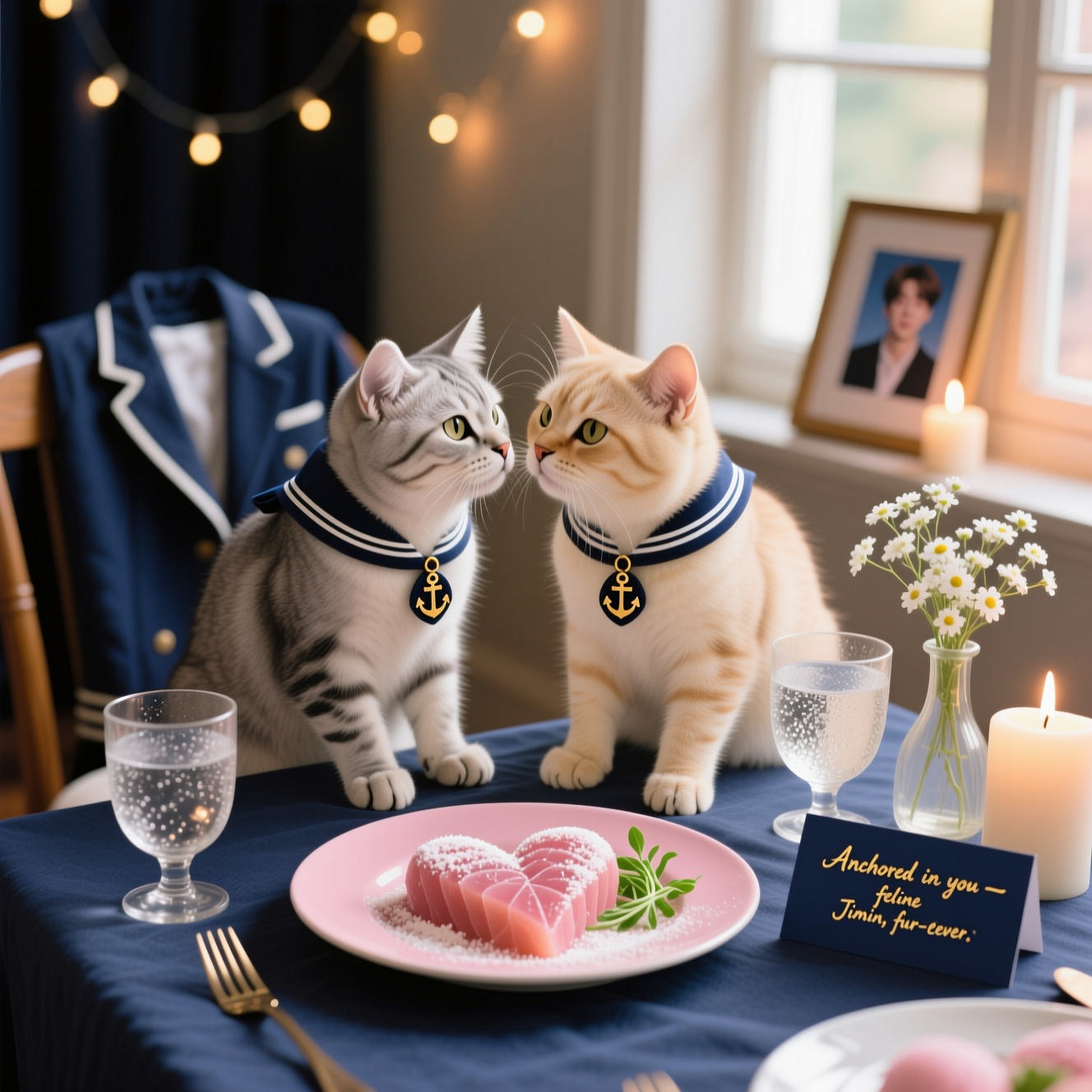 Ultra‑high‑definition 4K UHD, photorealistic anniversary dinner vignette captured like a real camera shot (full‑frame DSLR, 50mm prime, f/1.8, ISO 200, 1/125), accurate warm window light plus candle glow, lifelike textures and rich depth of field. Two adorable house cats (a silver tabby and a cream British Shorthair) wearing tiny navy sailor collars with little anchor charms sit nose‑to‑nose on a navy linen tablecloth, gently touching paws. Between them: a shared plate of heart‑shaped tuna sashimi and blush‑pink mochi dusted with powdered sugar, garnished with microgreens; sparkling water glasses with condensation; a petite vase of white baby’s breath. Background softly out of focus: fairy‑light bokeh, a navy stage jacket draped over a chair, and a subtle framed photocard of Jimin leaning against a candle as a nod to K‑pop. Color palette: deep navy, cream, blush pink, warm amber. Composition clean with generous negative space and creamy bokeh; whiskers, fur, linen weave, and glossy food rendered crisply. Add a small in‑scene caption on a tiny navy place card near the plate, hand‑lettered in brushed gold ink, single short line: “Anchored in you — feline Jimin, fur‑ever.” Natural optics, realistic shadow falloff, gentle film grain, no CGI look, no extra text or logos.
Generated with these themes: Jimin, Cats, Navy, Food, and .
Made with ❤️ by AI.
