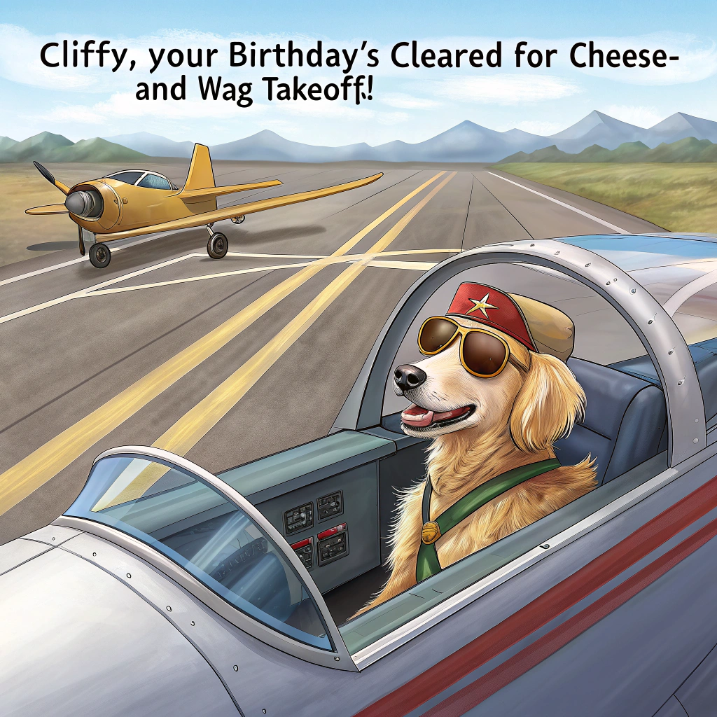 At the top of the image, "Cliffy, your birthday’s cleared for cheese-and-wag takeoff!"

— The image should feature a realistic photograph-style scene at an airport runway:
A dashing Golden Retriever sits confidently in the cockpit of a small airplane, wearing classic aviator sunglasses and a miniature pilot’s cap. The co-pilot seat is occupied by an enormous wedge of Swiss cheese strapped in with a seatbelt. The control panel has crumbs and bite marks, suggesting mid-flight snacking. Out the window, a skywriting message says “HAPPY BIRTHDAY” in cheddar-yellow letters trailing behind a plane.

— Background elements can include cheese wheel-shaped clouds, air traffic controllers waving dog bones like signal batons, and a flight chart marked with "Flight Cheesecake 321 bound for Funland.” 

Mood: Playful, quirky, and absurdly joyful — a cheesy tribute to Cliffy's big day.
Generated with these themes: Dog, Cheese, and Pilot .
Made with ❤️ by AI.