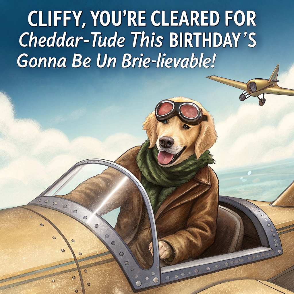 At the top of the image, "Cliffy, you're cleared for cheddar-tude—this birthday's gonna be un-brie-lievable!"

— In the image, show a realistic-style photograph of a golden retriever wearing a full vintage leather pilot outfit—goggles, scarf, bomber jacket—sitting proudly in the cockpit of a small retro propeller plane. The dog is grinning and holding a wheel of gouda cheese in its paw like it's navigating with it.

— In the background, the sky is perfectly blue, with wispy clouds, and in the distance, a giant wedge of cheese is floating among the clouds like a majestic cheesy sun.
Generated with these themes: Dog, Cheese, and Pilot .
Made with ❤️ by AI.